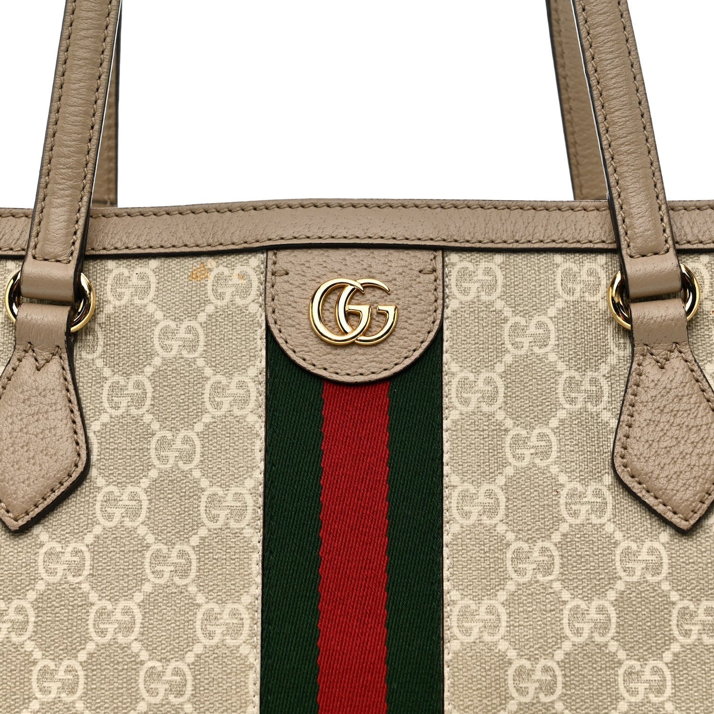 GG Supreme Monogram Textured Dollar Calfskin Web Medium Ophidia Shopping Tote Beige Mystic White Oatmeal