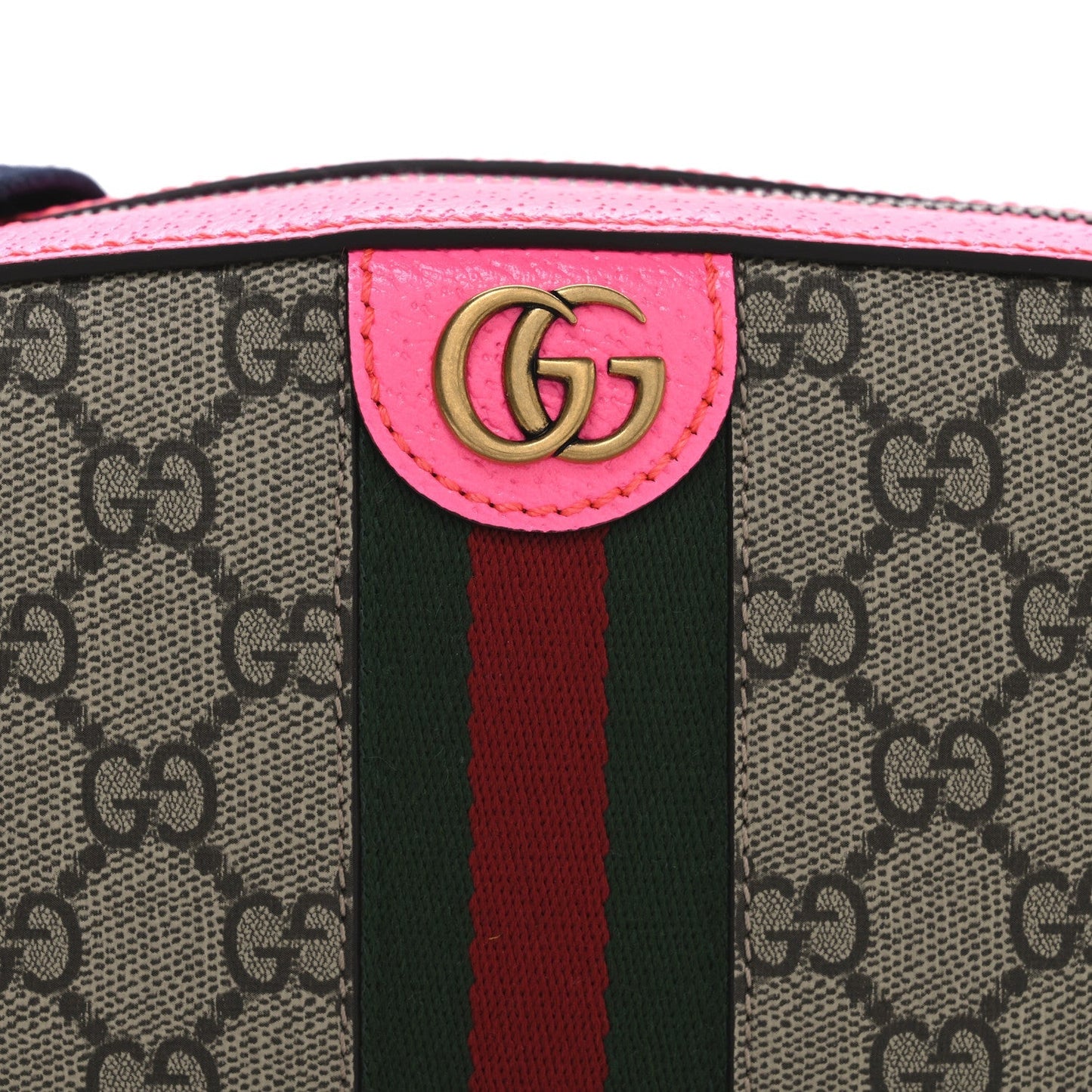 GG Supreme Monogram Textured Dollar Calfskin Web Ophidia Small Crossbody Bag Beige Ebony Fuchsia