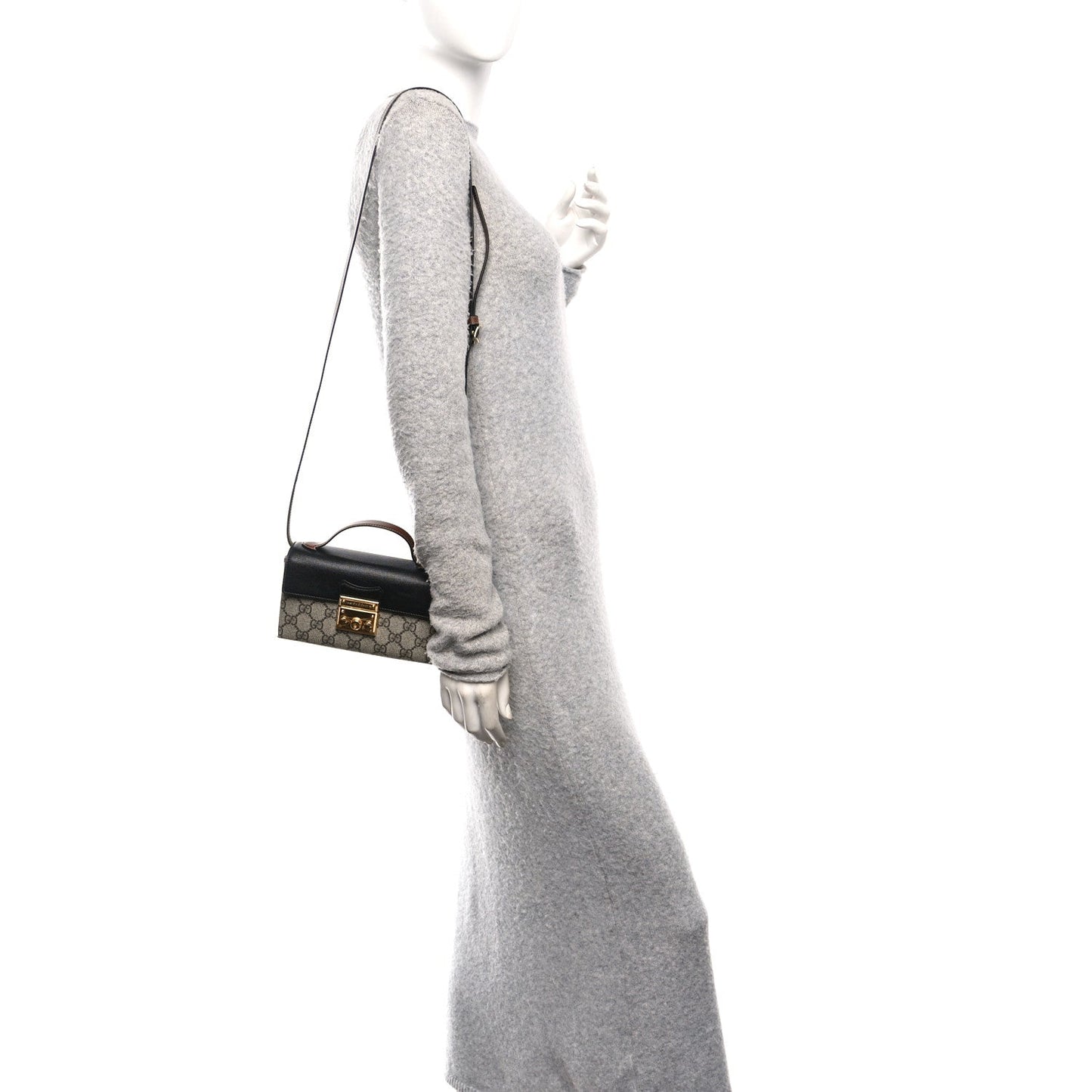 GG Supreme Monogram Calfskin Mini Padlock Top Handle Shoulder Bag Beige Black Cuir