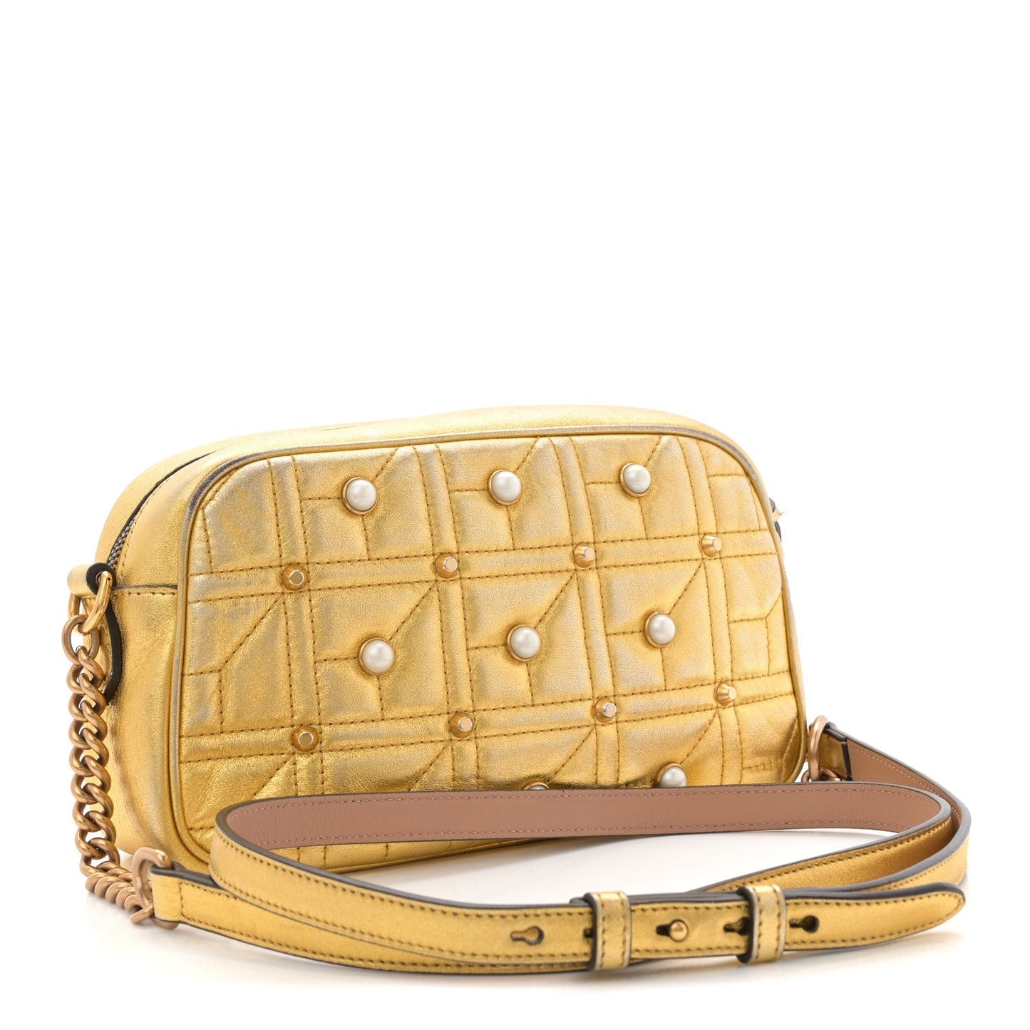 Metallic Calfskin Matelasse Studded Small Pearly GG Marmont Chain Shoulder Bag Gold