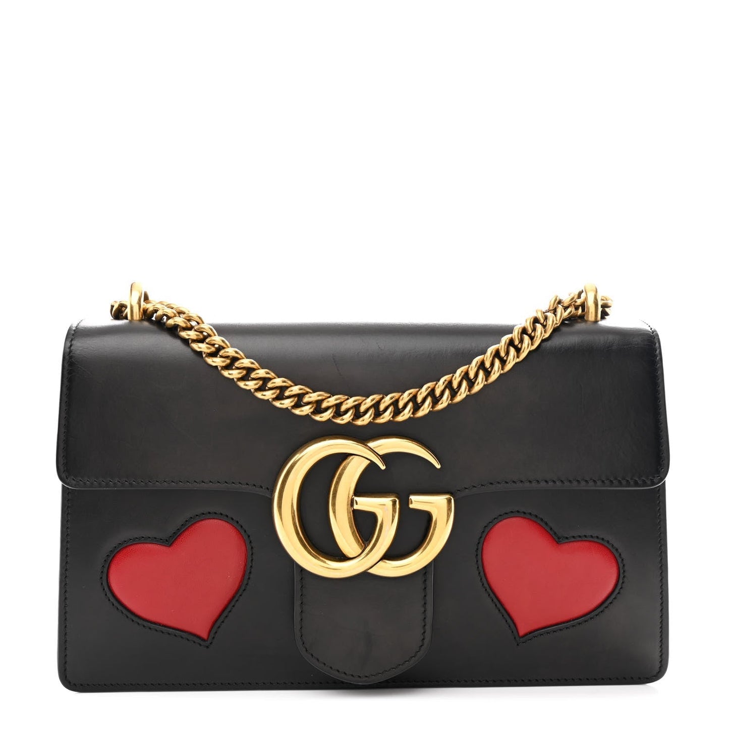 Knight Calfskin Malaga Kid Heart Medium GG Marmont Chain Handle Bag Black Hibiscus Red Multicolor