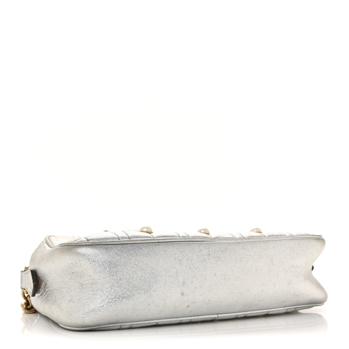 Metallic Calfskin Matelasse Studded Small Pearly GG Marmont Chain Shoulder Bag Silver