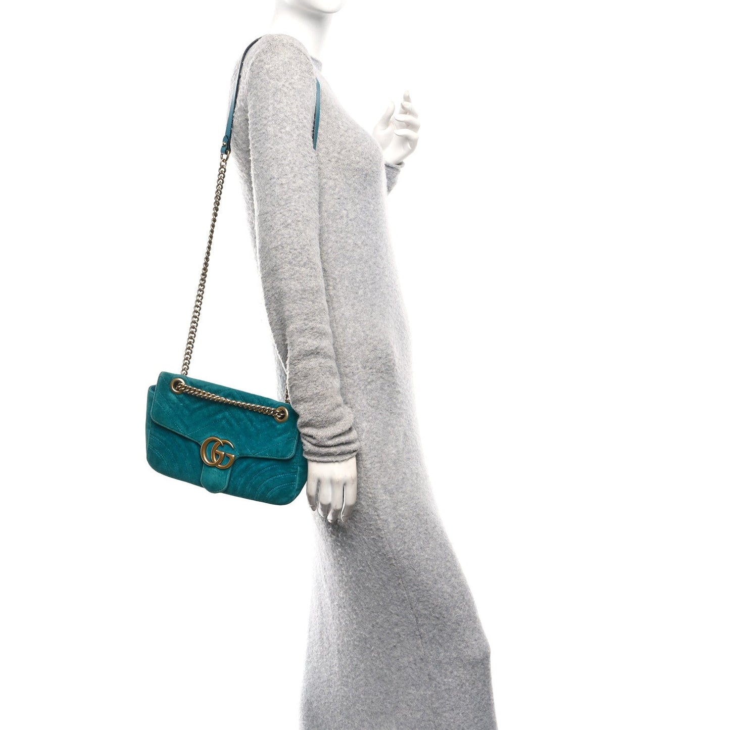 Velvet Matelasse Small GG Marmont Shoulder Bag Pavone Cyan