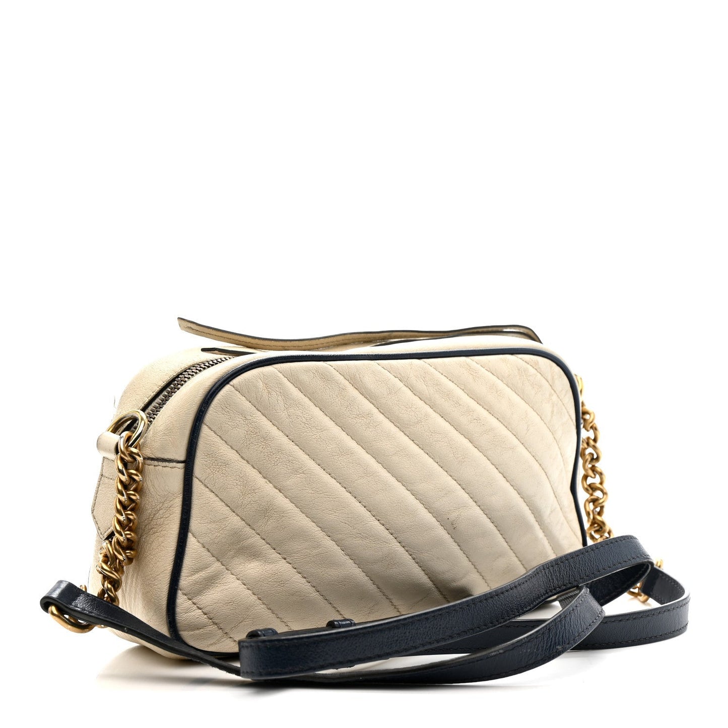 Vintage Effect Calfskin Matelasse Diagonal Small Torchon GG Marmont Chain Shoulder Bag Mystic White Blue Agata