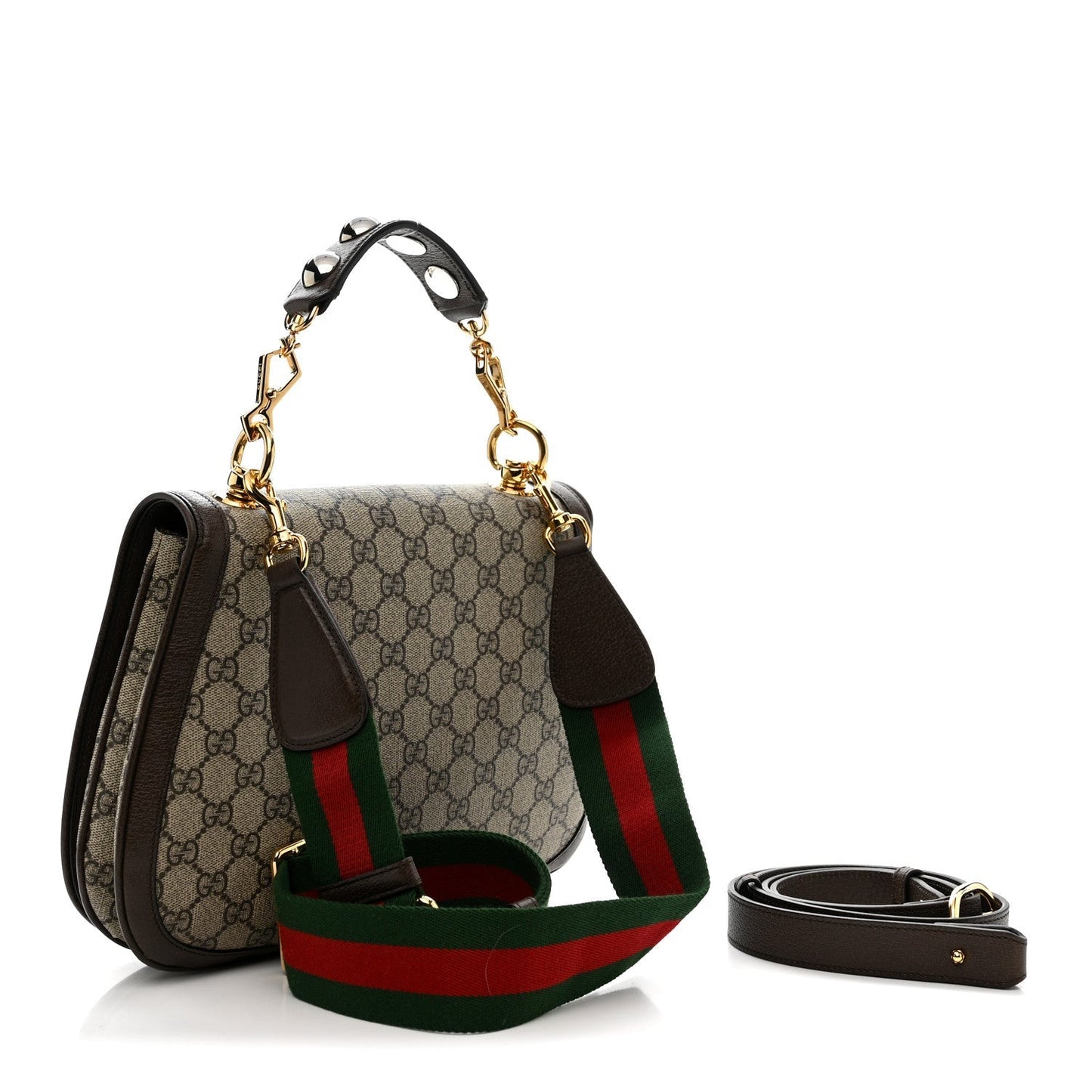 GG Supreme Monogram Textured Dollar Calfskin Web Medium Blondie Top Handle Shoulder Flap Bag Beige Ebony New Acero