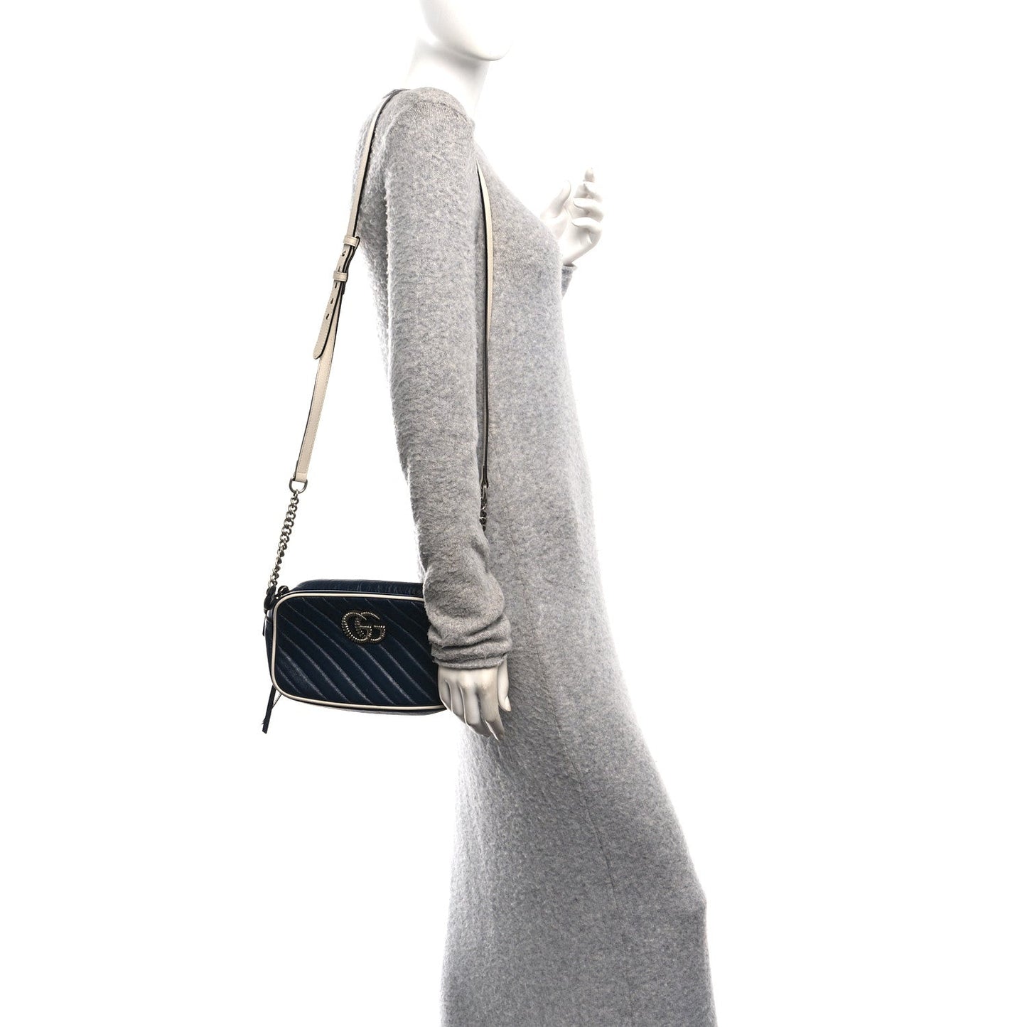 Vintage Effect Calfskin Matelasse Diagonal Small Torchon GG Marmont Chain Shoulder Bag Blue Agata Mystic White