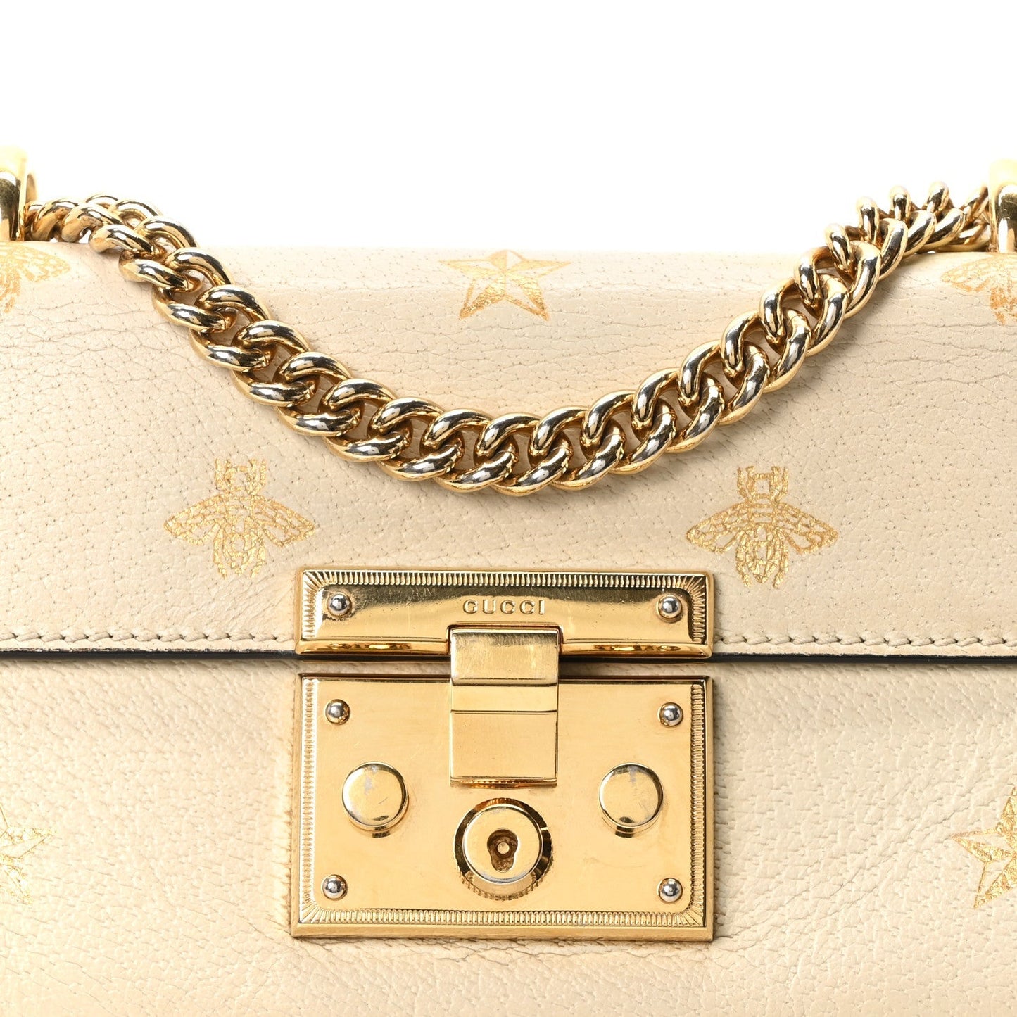 Grained Calfskin Bee Star Small Padlock Shoulder Bag White