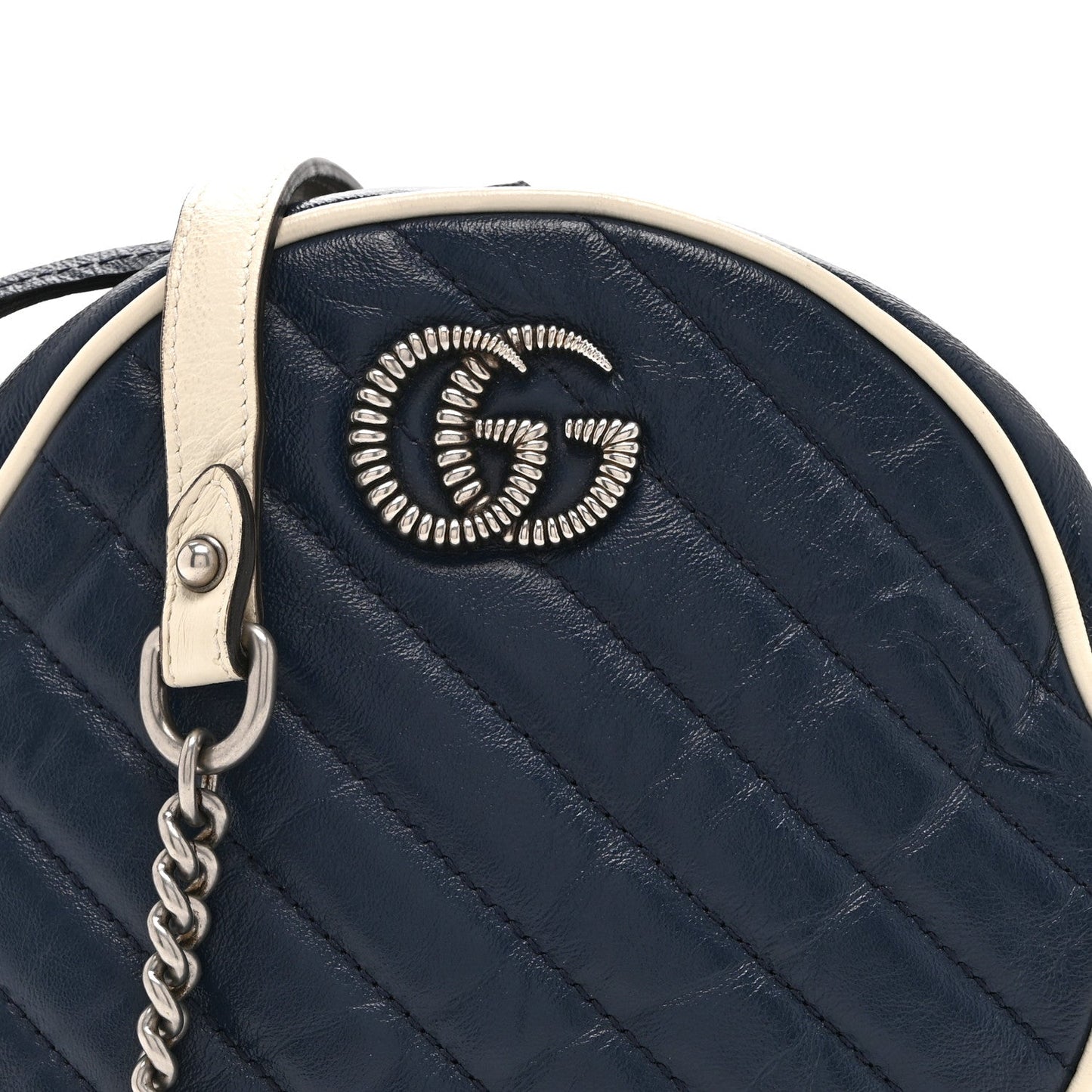 Azalea Calfskin Matelasse Diagonal Mini Torchon GG Marmont Round Shoulder Bag Blue Agata Mystic White