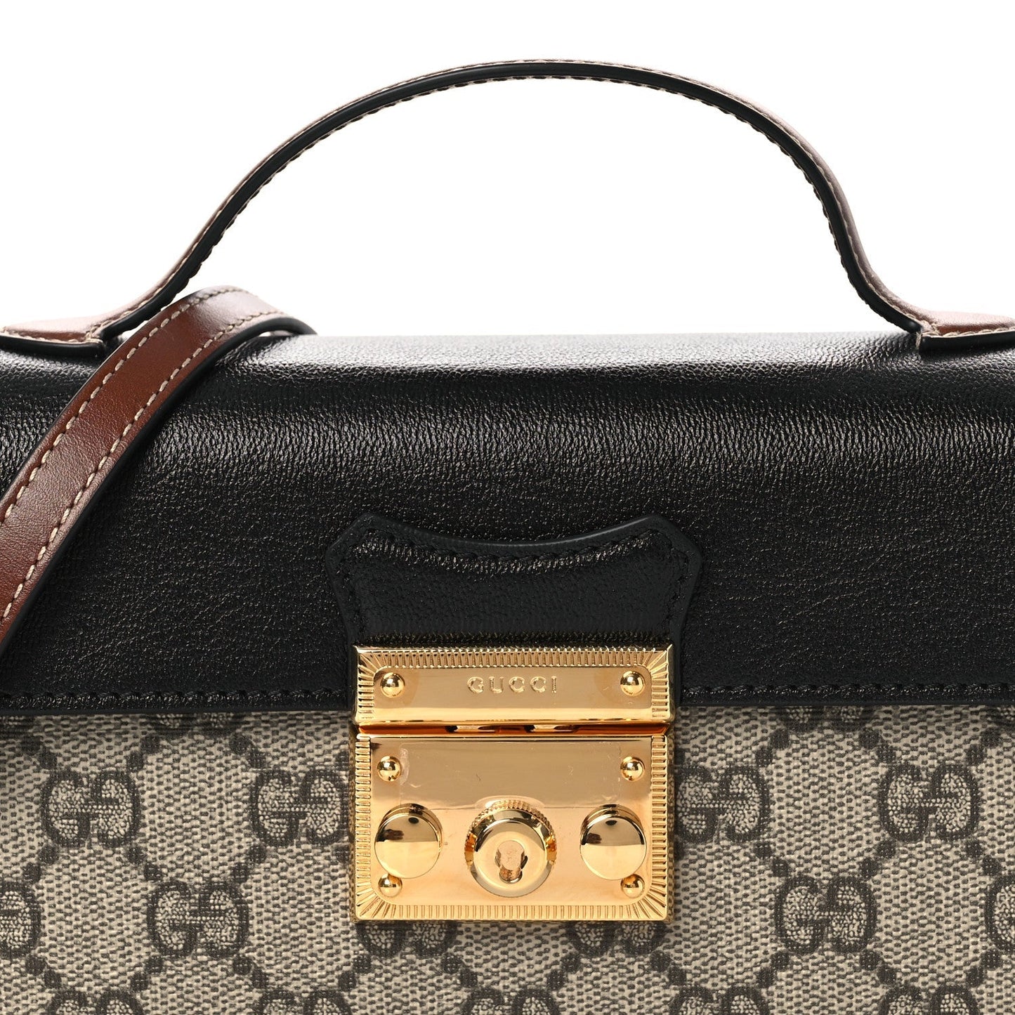 GG Supreme Monogram Calfskin Mini Padlock Top Handle Shoulder Bag Beige Black Cuir