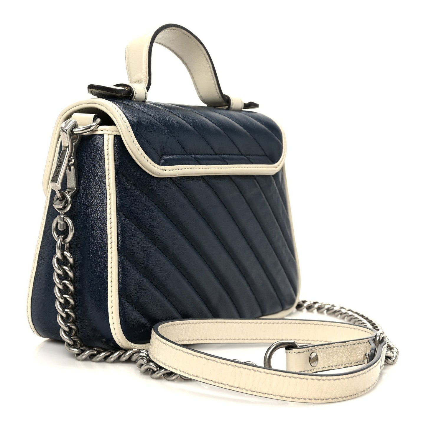 Vintage Effect Calfskin Matelasse Diagonal Mini Torchon GG Marmont Top Handle Shoulder Bag Blue Agata Mystic White