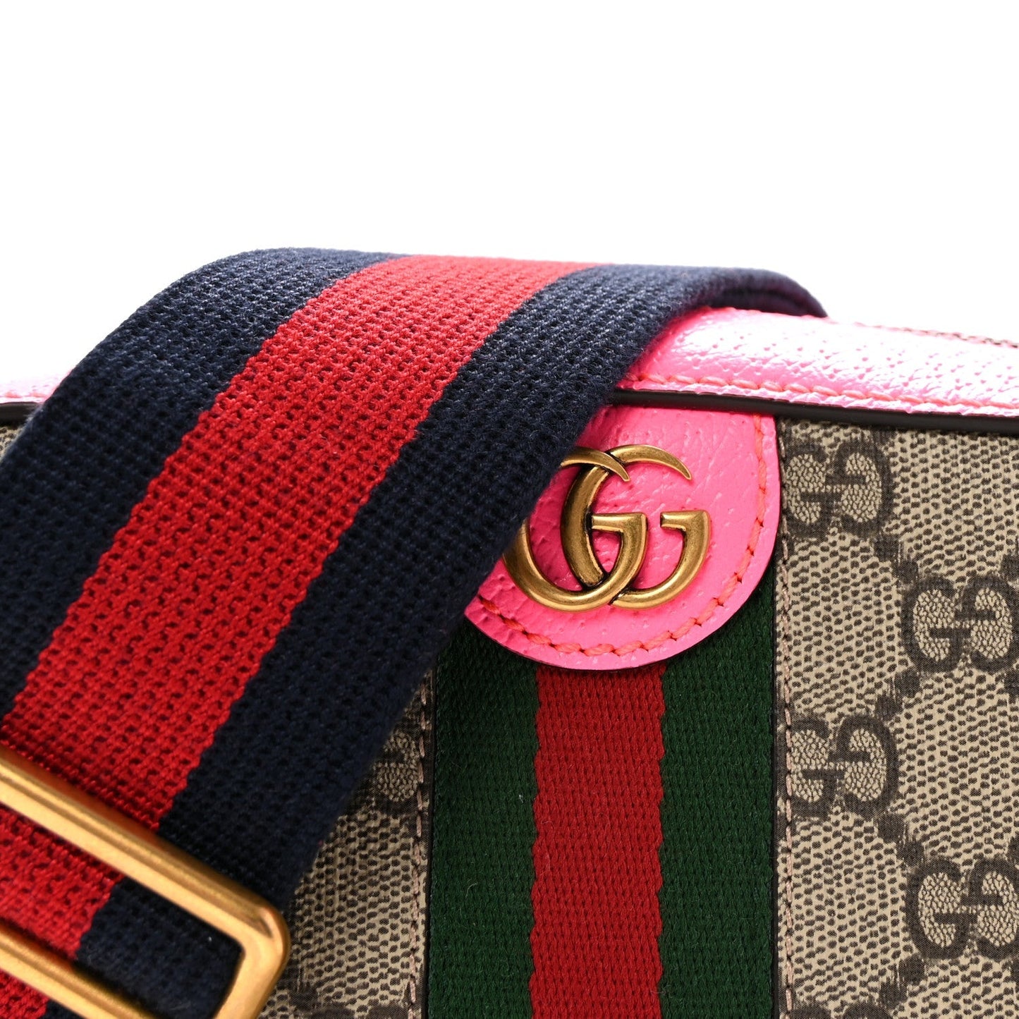 GG Supreme Monogram Textured Dollar Calfskin Web Ophidia Small Crossbody Bag Beige Ebony Fuchsia