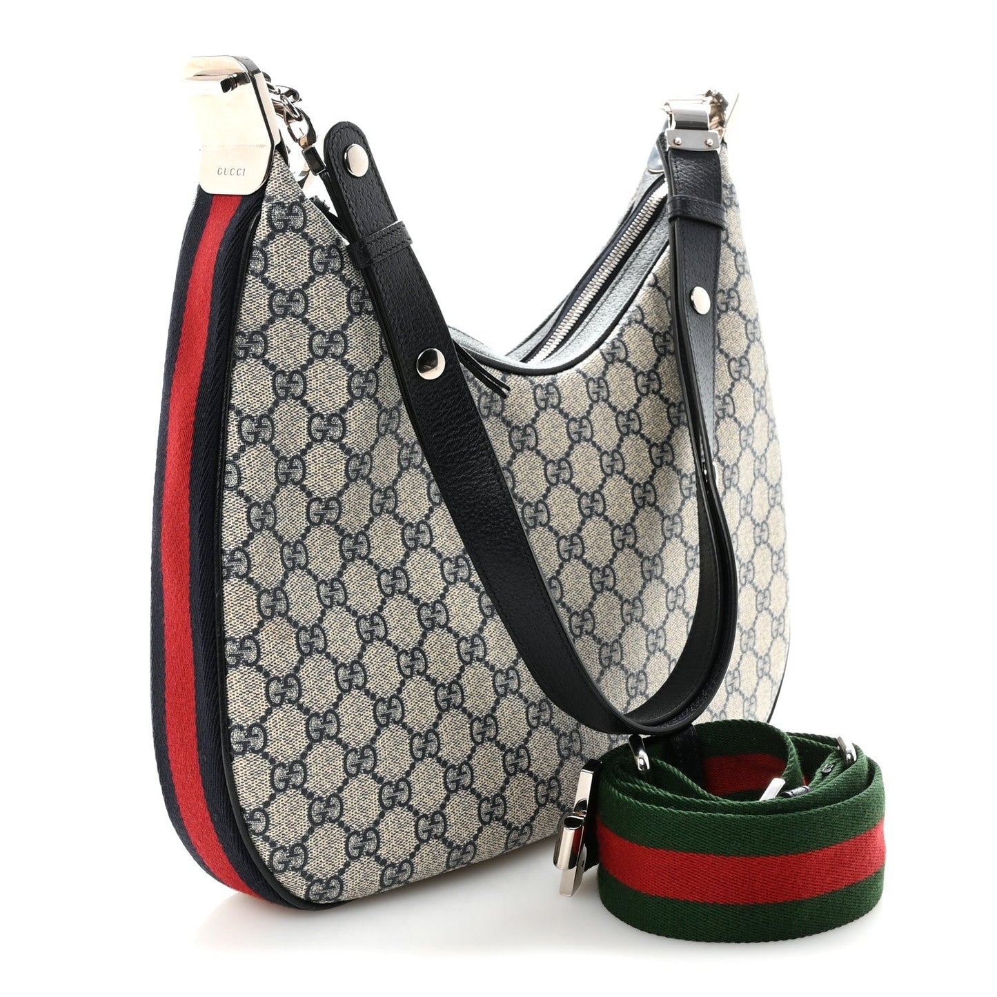 GG Supreme Monogram Textured Calfskin Web Large Attache Shoulder Bag Beige Blue