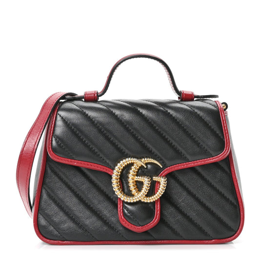 Vintage Effect Calfskin Matelasse Diagonal Mini Torchon GG Marmont Top Handle Shoulder Bag Black Romantic Cherry