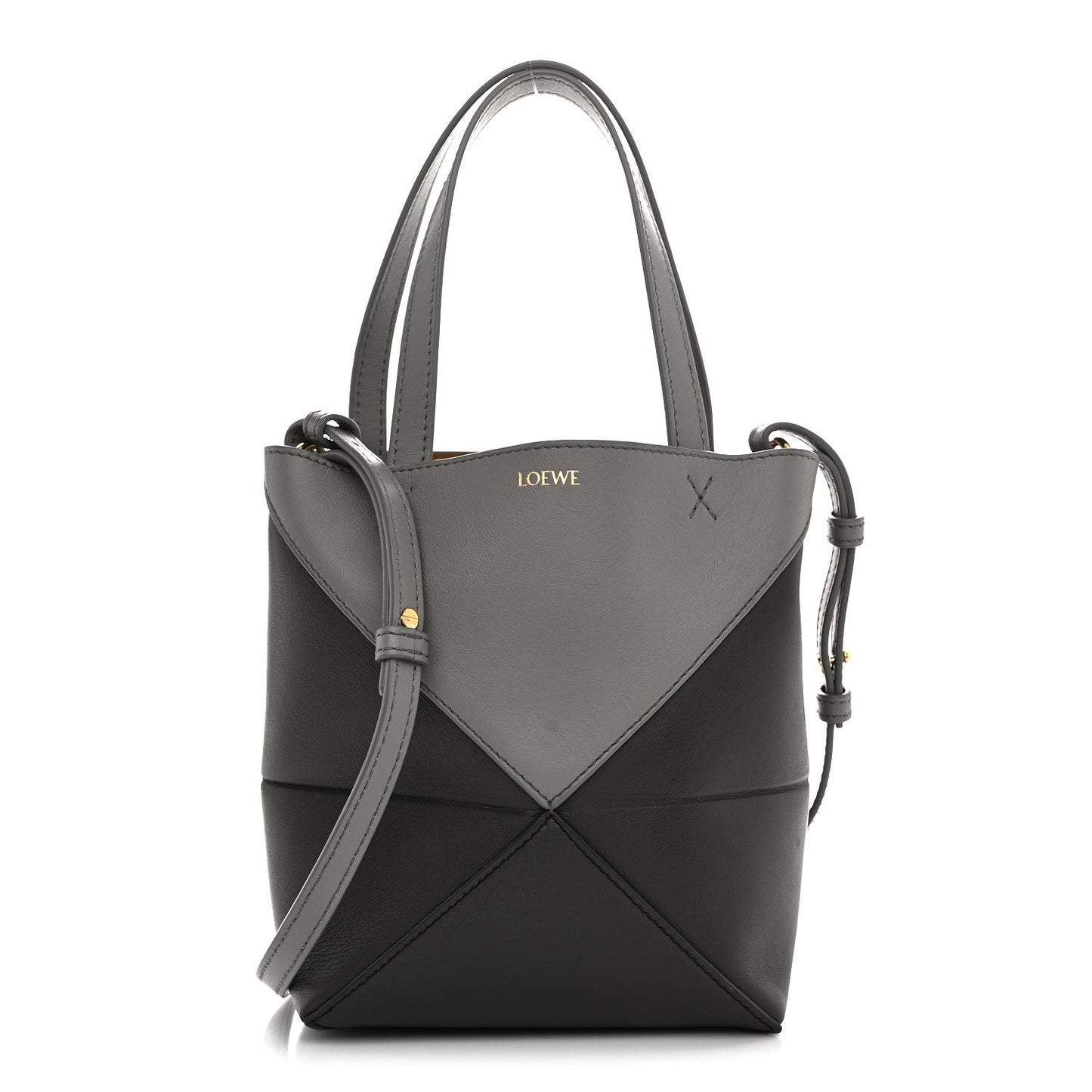 Shiny Calfskin Mini Puzzle Fold Tote Pearl Grey Dark Grey