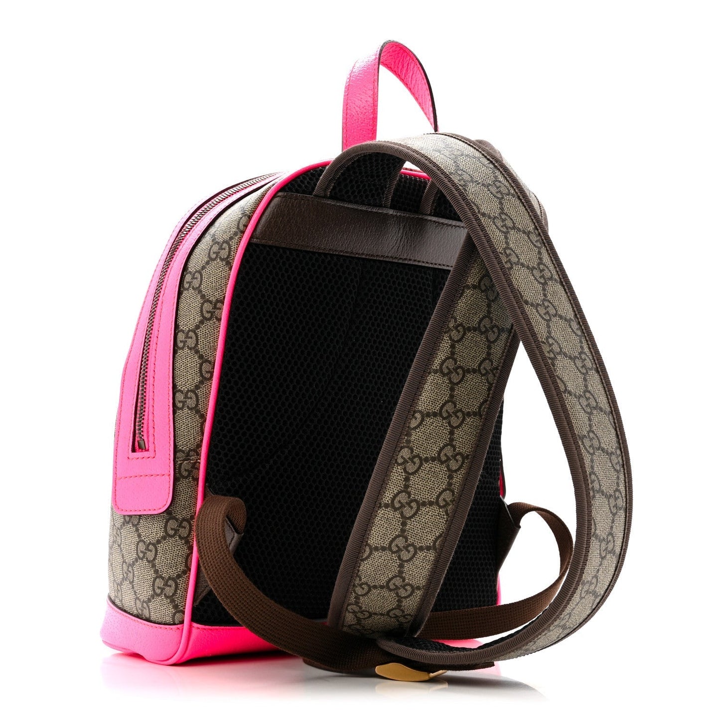 GG Supreme Monogram Textured Dollar Calfskin Web Small Ophidia Day Backpack Beige Ebony Fluorescent Fuchsia