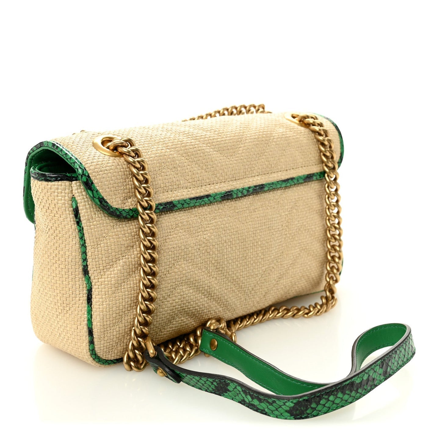 Raffia Elaphe Matelasse Small GG Marmont Shoulder Bag Natural New Shamarock