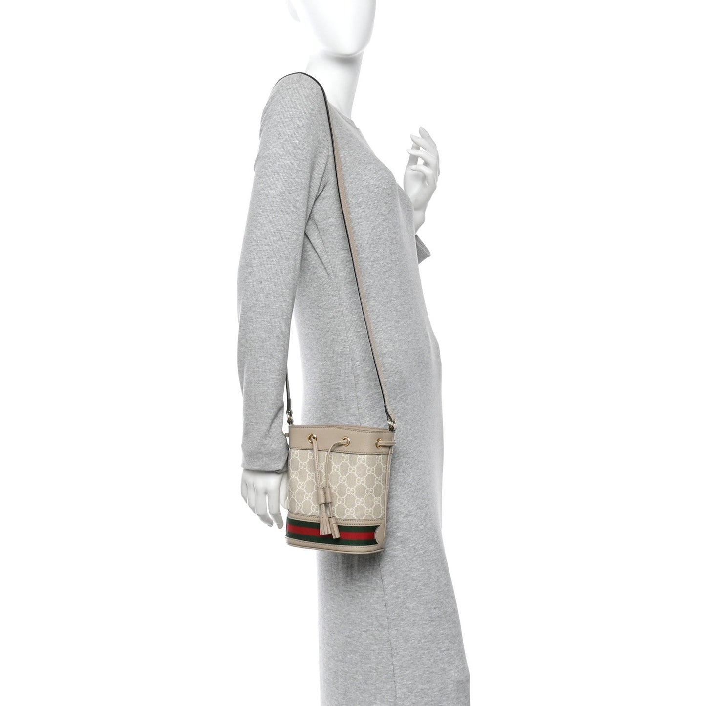 GG Supreme Monogram Textured Calfskin Web Mini Ophidia Bucket Bag Beige Ebony Mystic White Oatmeal