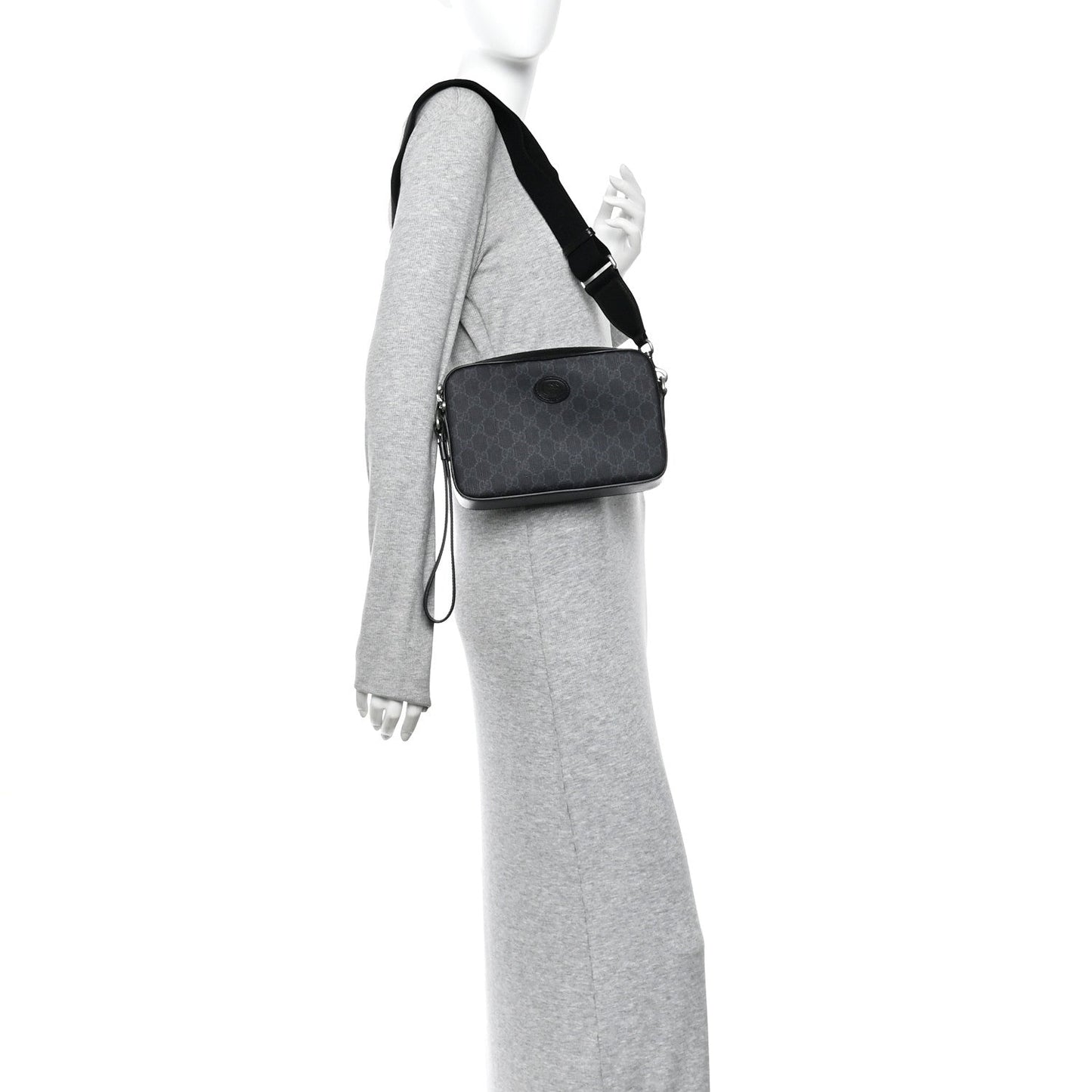 GG Supreme Monogram Azalea Calfskin Retro Interlocking G Wristlet Shoulder Bag Black