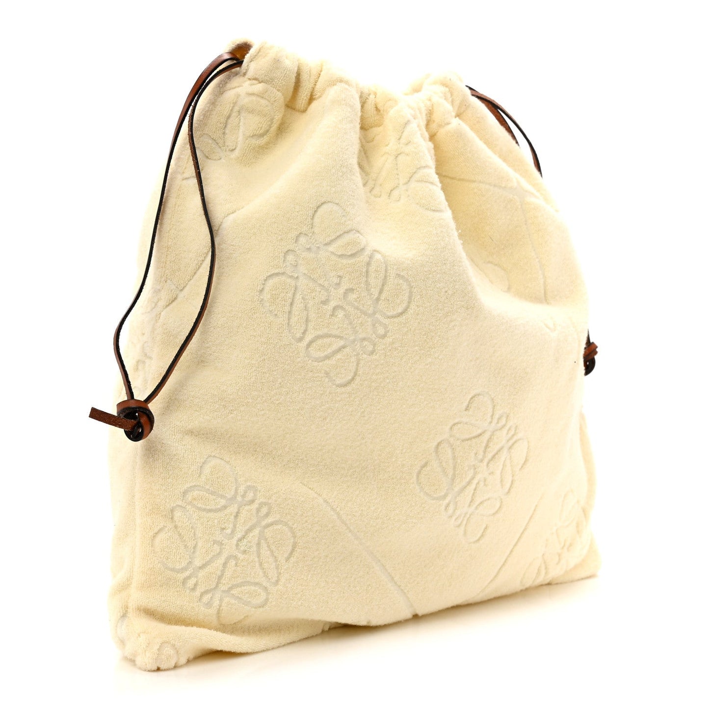 X PAULA'S IBIZA Terry Cloth Calfskin Drawstring Pouch Natural Tan