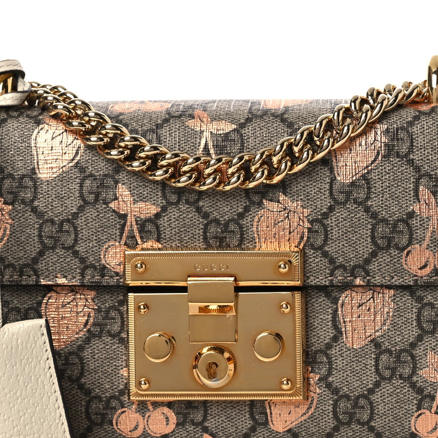 GG Supreme Monogram Berry Textured Dollar Calfskin Small Padlock Shoulder Bag Beige Ebony Light Copper Mystic White