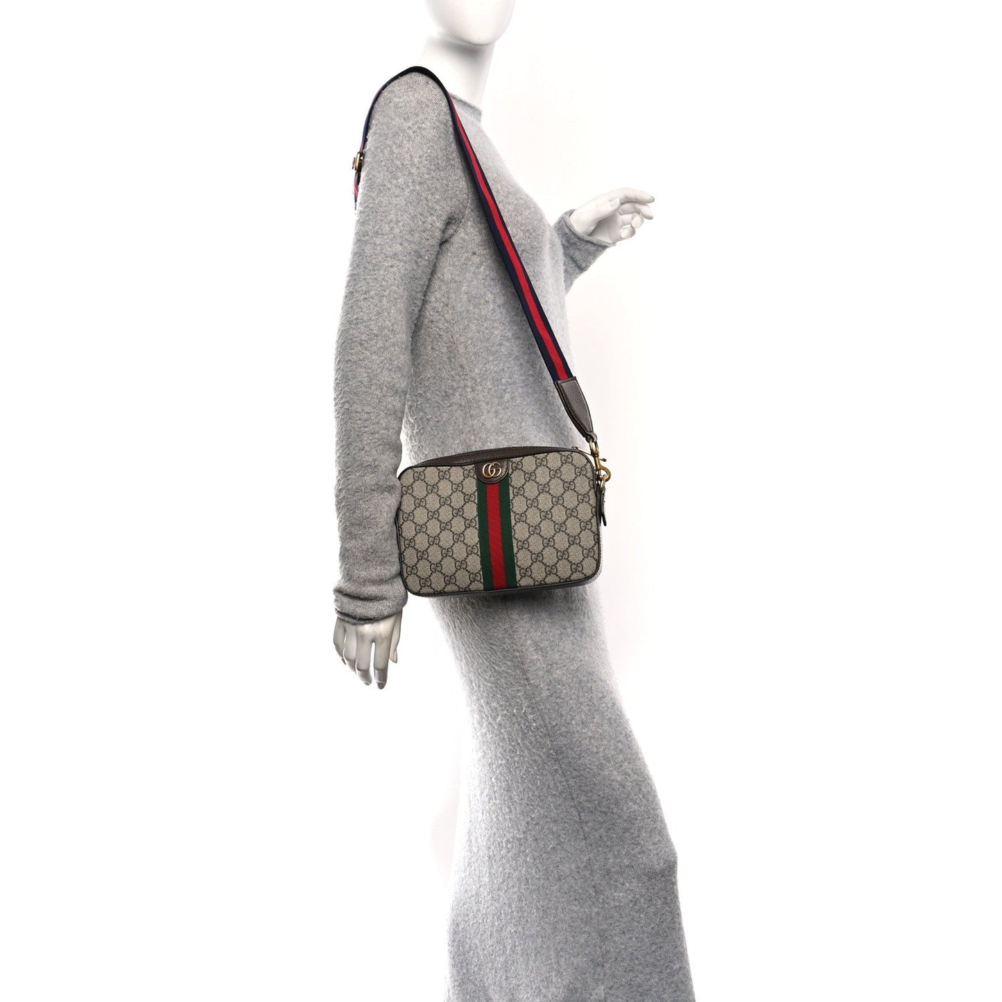 GG Supreme Monogram Textured Dollar Calfskin Web Ophidia Wristlet Shoulder Bag Beige Ebony New Acero