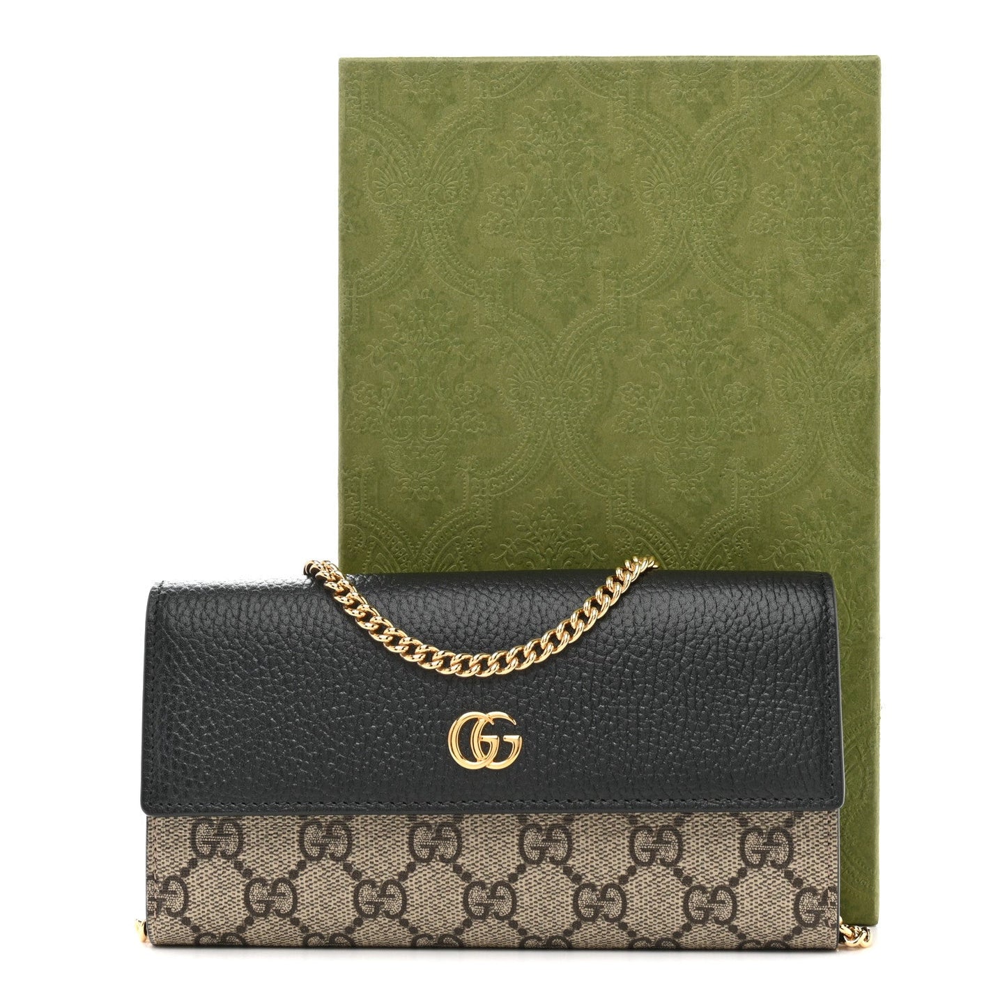 Dollar Calfskin GG Supreme Monogram Petite GG Marmont Wallet Chain Bag Black Beige Ebony