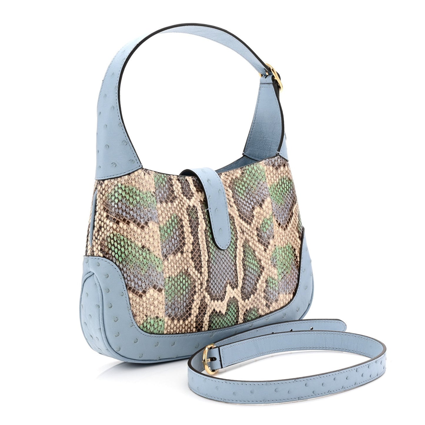 Snakeskin Ostrich Calfskin Small Jackie 1961 Hobo Blue Multicolor