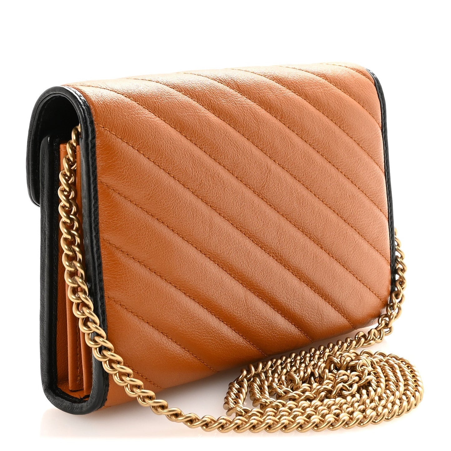 Vintage Effect Calfskin Matelasse Diagonal Torchon GG Marmont Chain Wallet Cognac