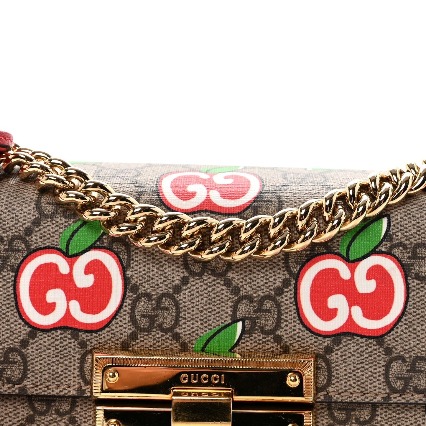 GG Supreme Monogram Apple Small Padlock Shoulder Bag Beige Multicolor Lobster Red