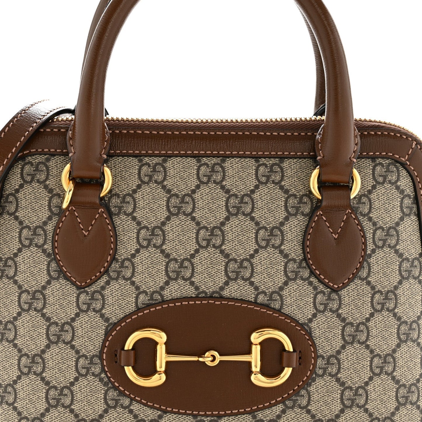 GG Supreme Monogram Azalea Calfskin Small Horsebit 1955 Top Handle Bag Beige Ebony Brown Sugar