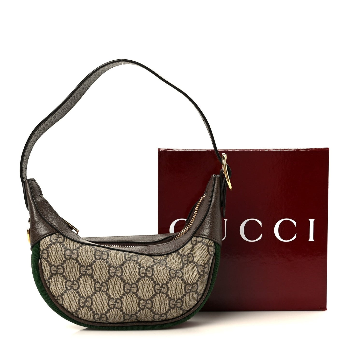 GG Supreme Monogram Textured Calfskin Web Mini Ophidia Half Moon Hobo Beige Ebony New Acero