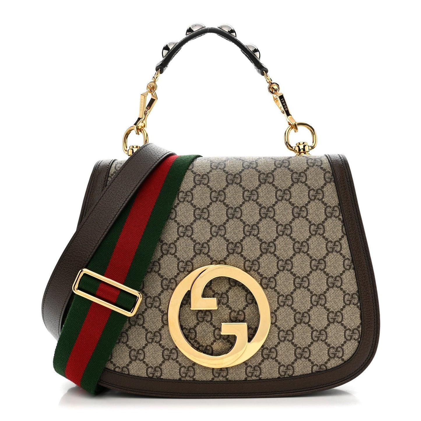 GG Supreme Monogram Textured Dollar Calfskin Web Medium Blondie Top Handle Shoulder Flap Bag Beige Ebony New Acero