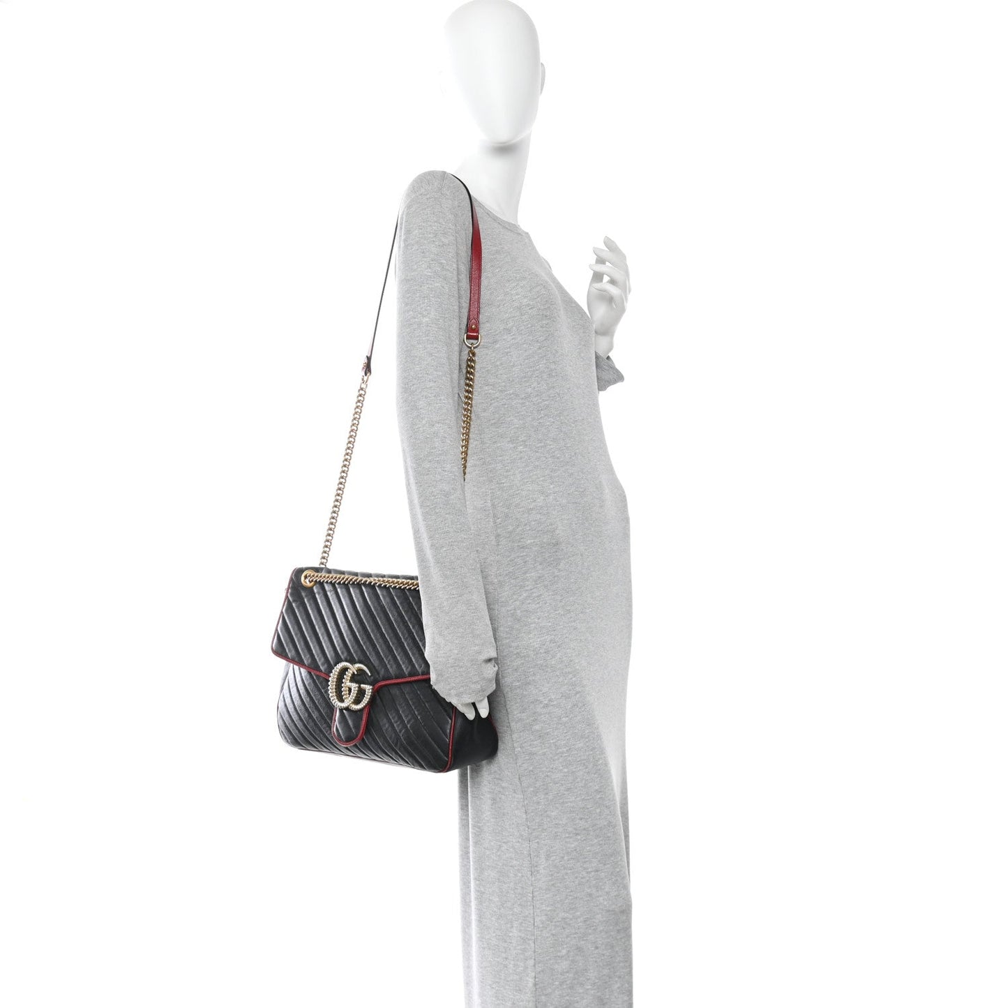 Vintage Effect Calfskin Matelasse Diagonal Large Torchon GG Marmont Shoulder Bag Black Romantic Cherry