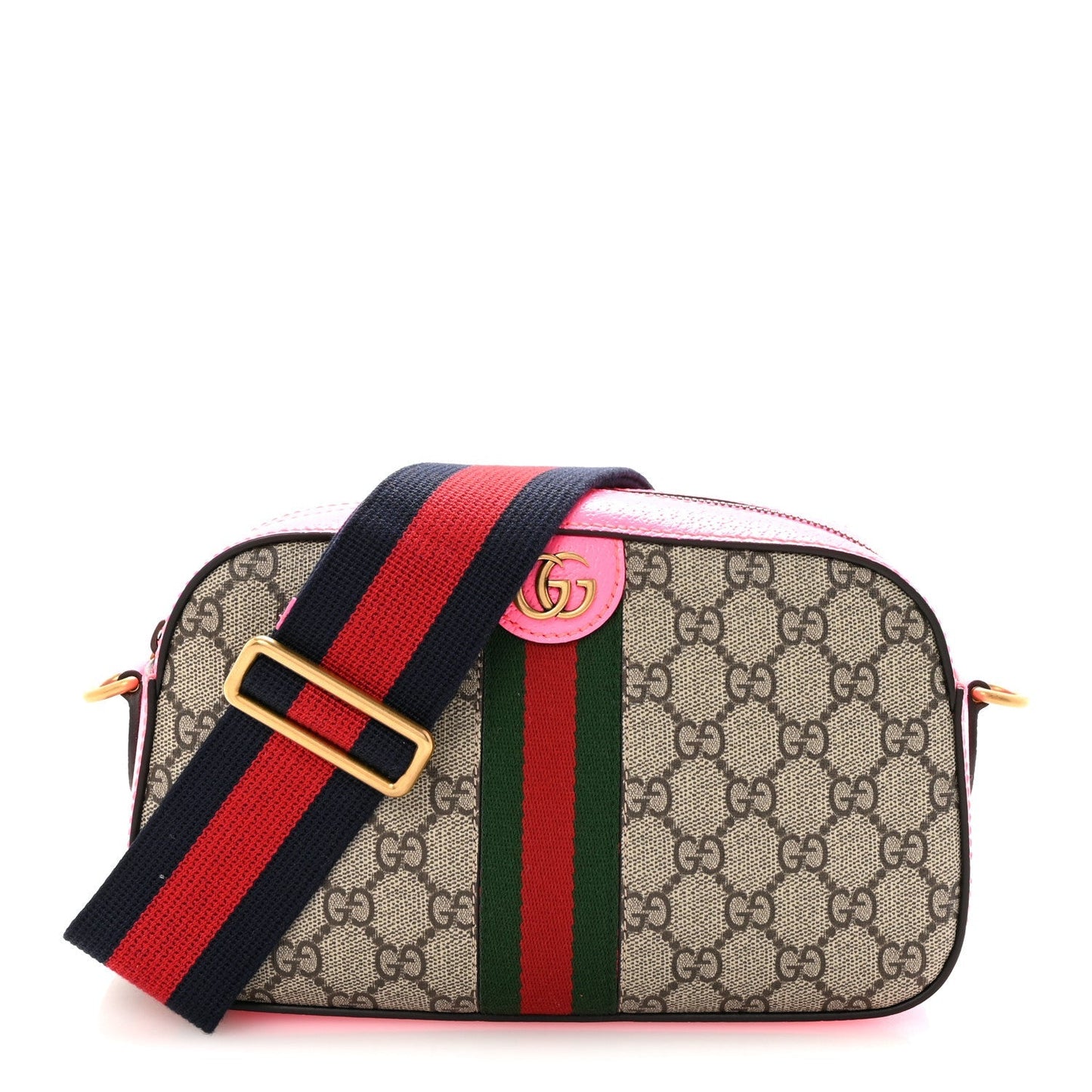 GG Supreme Monogram Textured Dollar Calfskin Web Ophidia Small Crossbody Bag Beige Ebony Fuchsia
