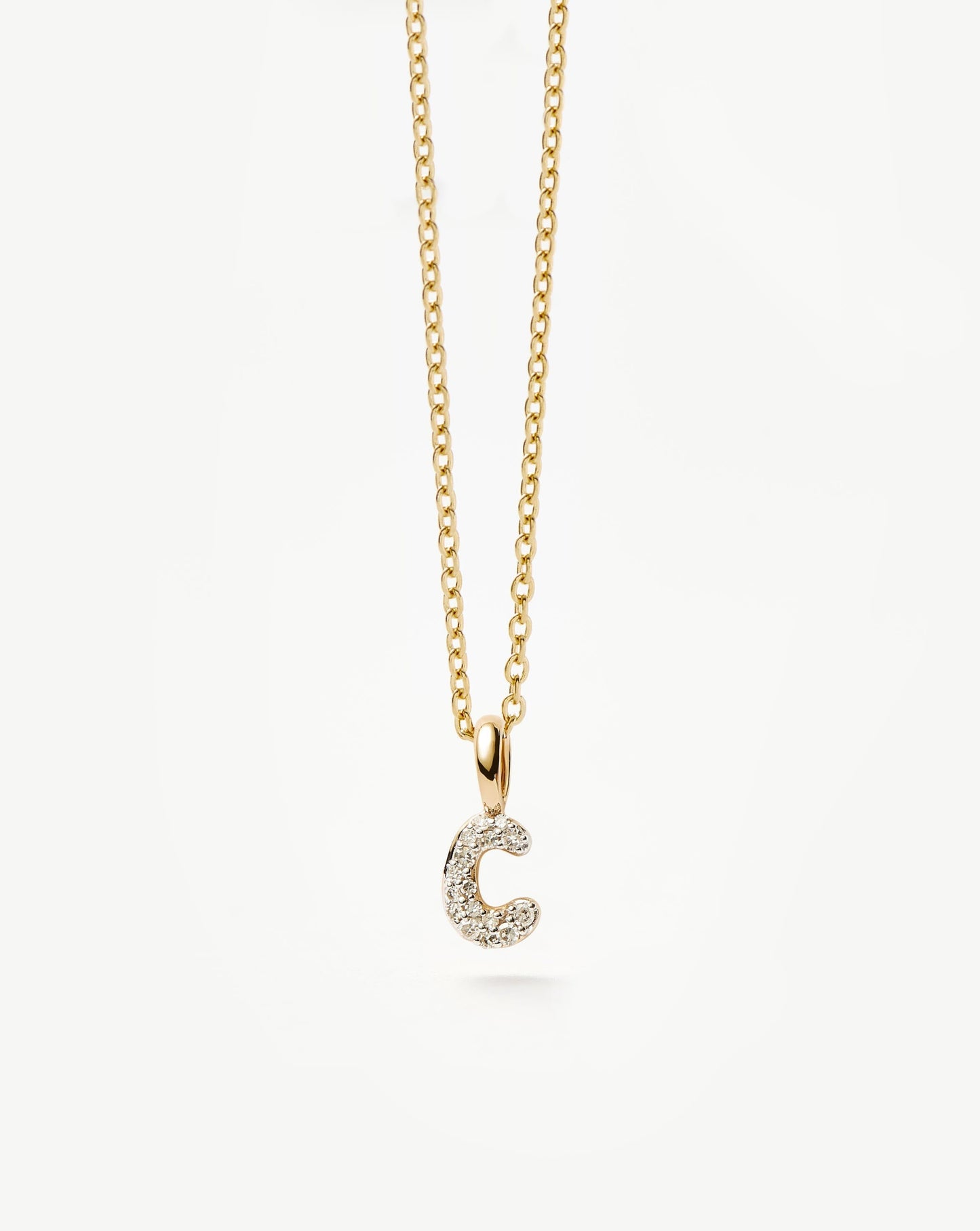 Solid Gold Diamond Initial Mini Pendant Necklace - C | 14k Solid Yellow Gold Plated/Diamond