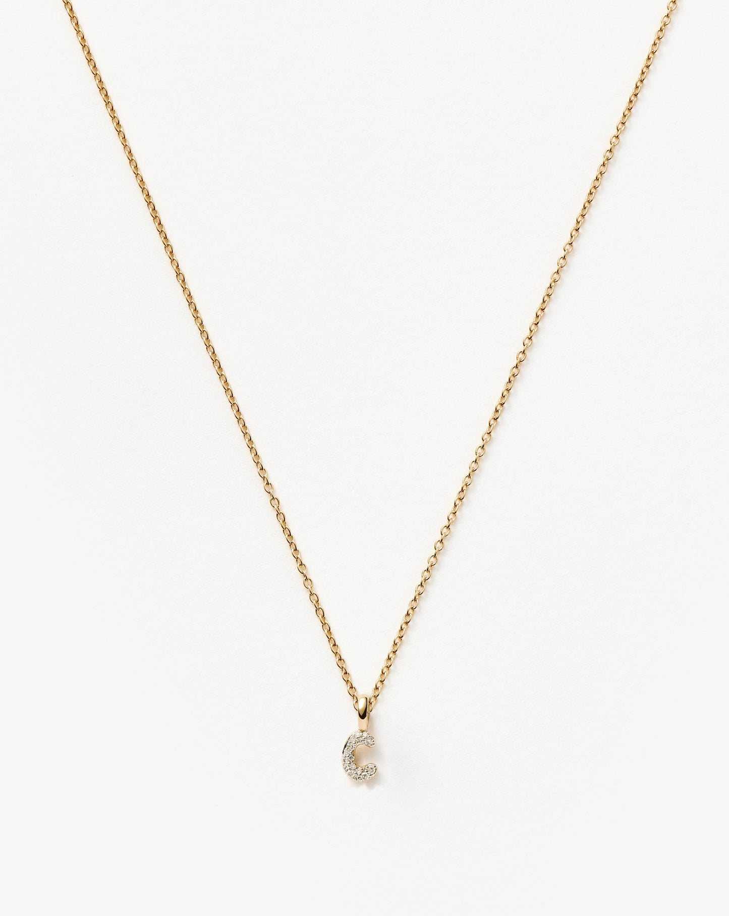 Solid Gold Diamond Initial Mini Pendant Necklace - C | 14k Solid Yellow Gold Plated/Diamond