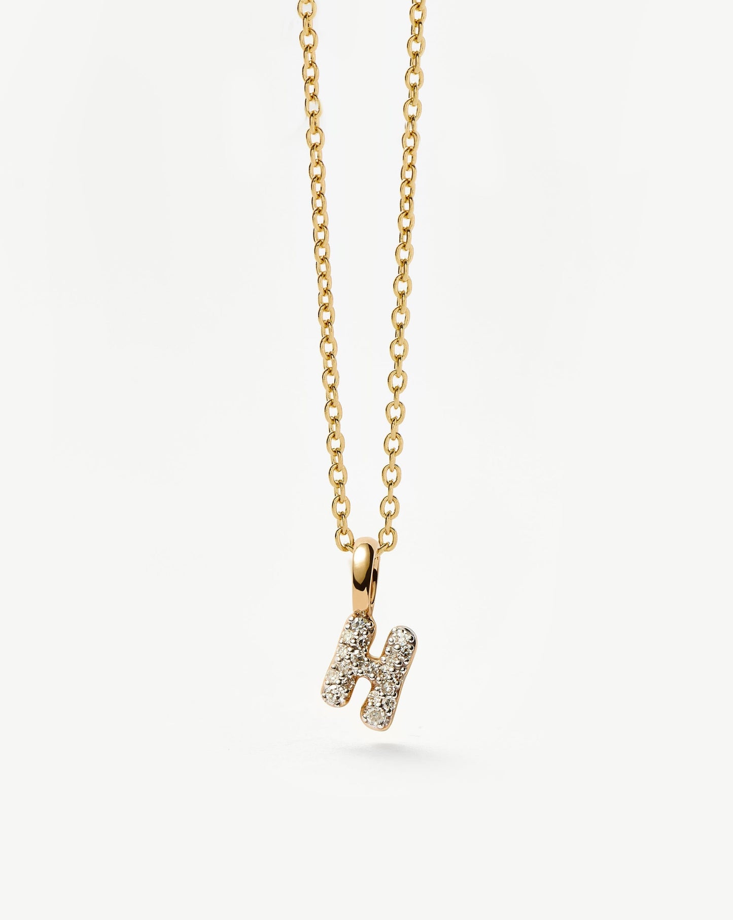 Solid Gold Diamond Initial Mini Pendant Necklace - H | 14k Solid Yellow Gold Plated/Diamond