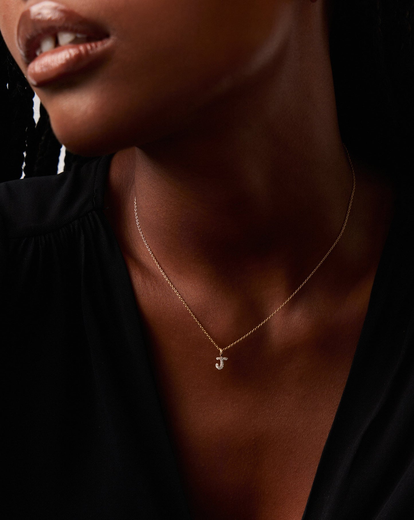 Solid Gold Diamond Initial Mini Pendant Necklace - J | 14k Solid Yellow Gold Plated/Diamond