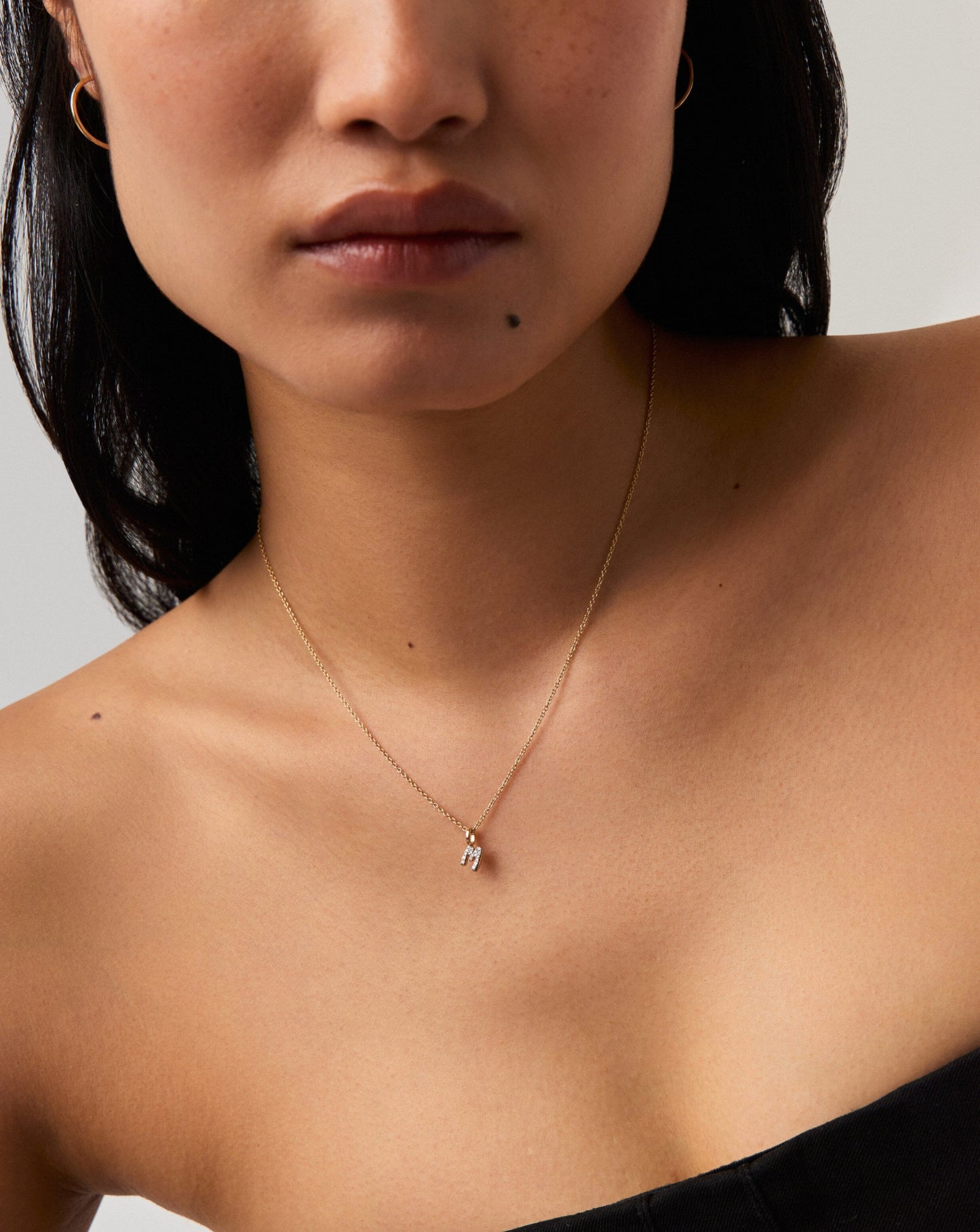 Solid Gold Diamond Initial Mini Pendant Necklace  - M | 14k Solid Yellow Gold Plated/Diamond