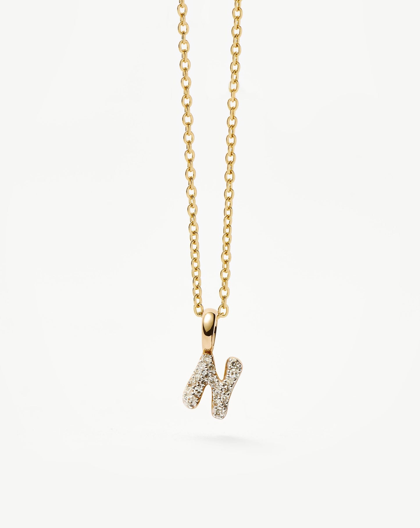 Solid Gold Diamond Initial Mini Pendant Necklace - N | 14k Solid Yellow Gold Plated/Diamond