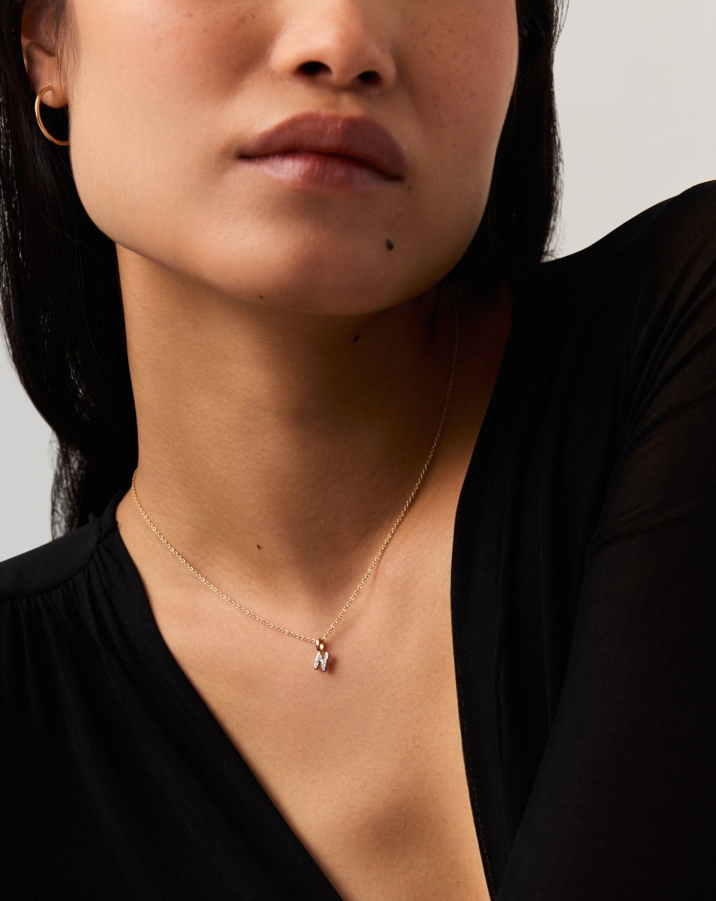 Solid Gold Diamond Initial Mini Pendant Necklace - N | 14k Solid Yellow Gold Plated/Diamond