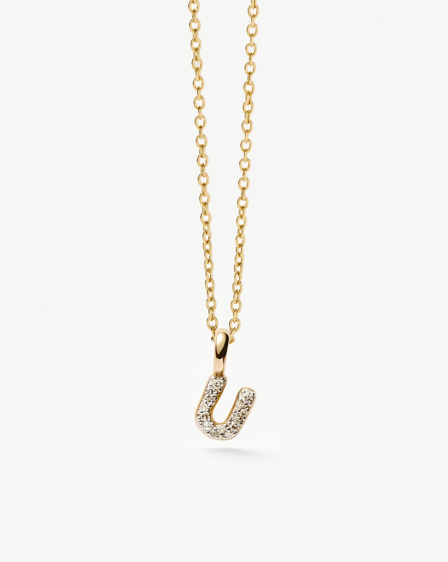 Solid Gold Diamond Initial Mini Pendant Necklace - U | 14k Solid Yellow Gold Plated/Diamond