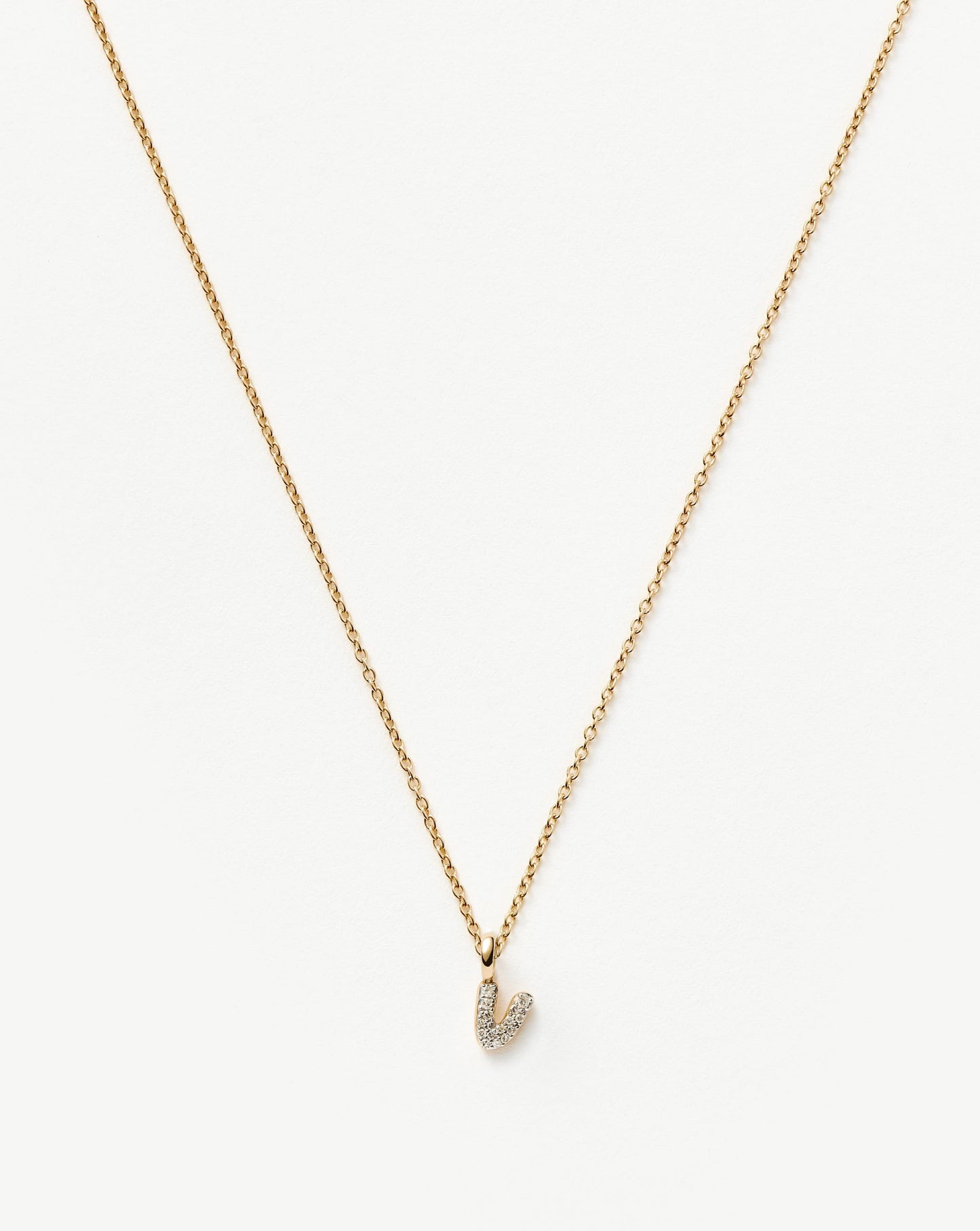 Solid Gold Diamond Initial Mini Pendant Necklace - V | 14k Solid Yellow Gold Plated/Diamond