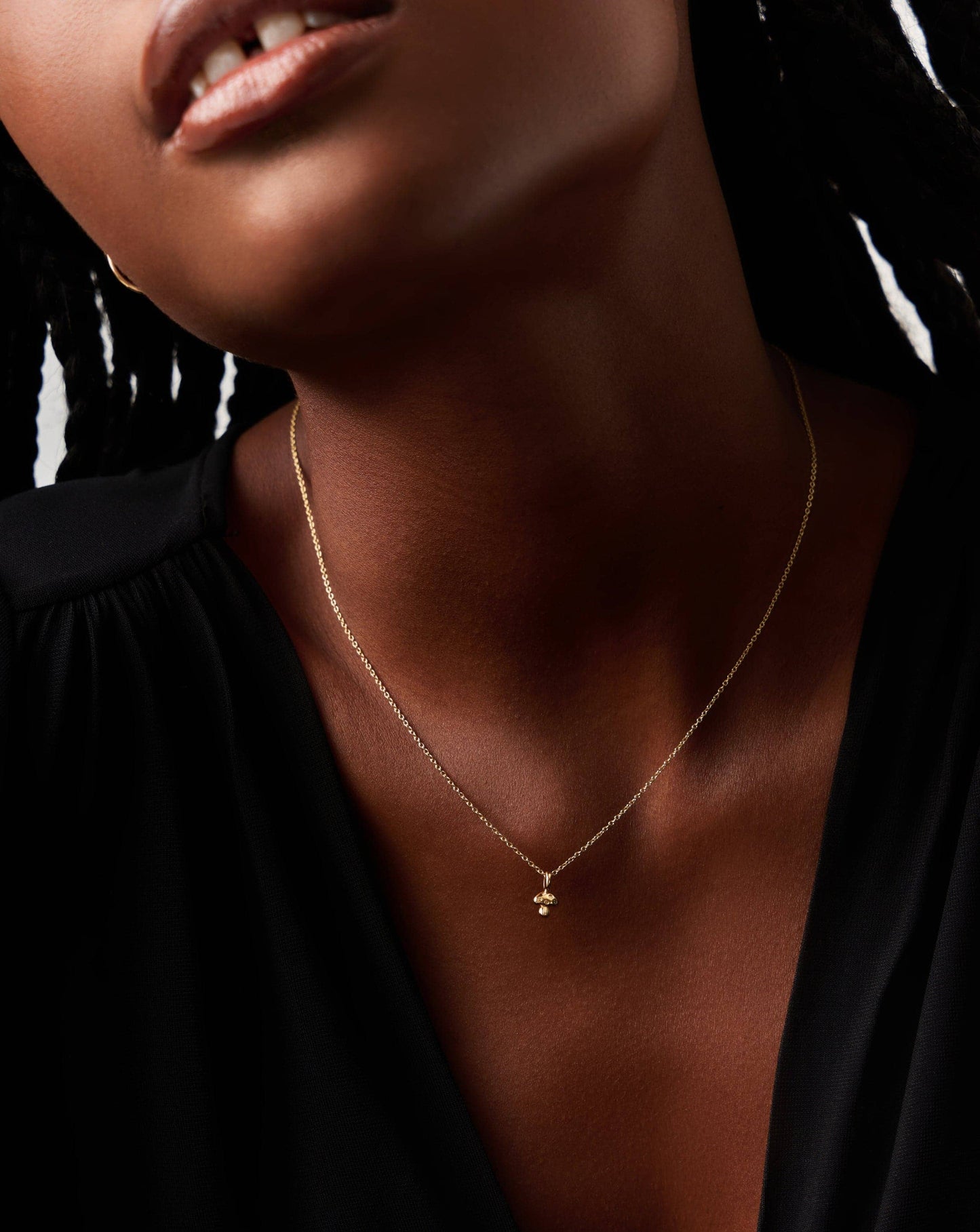 Solid Gold Diamond Mushroom Mini Pendant Necklace | 14k Solid Gold/Diamond
