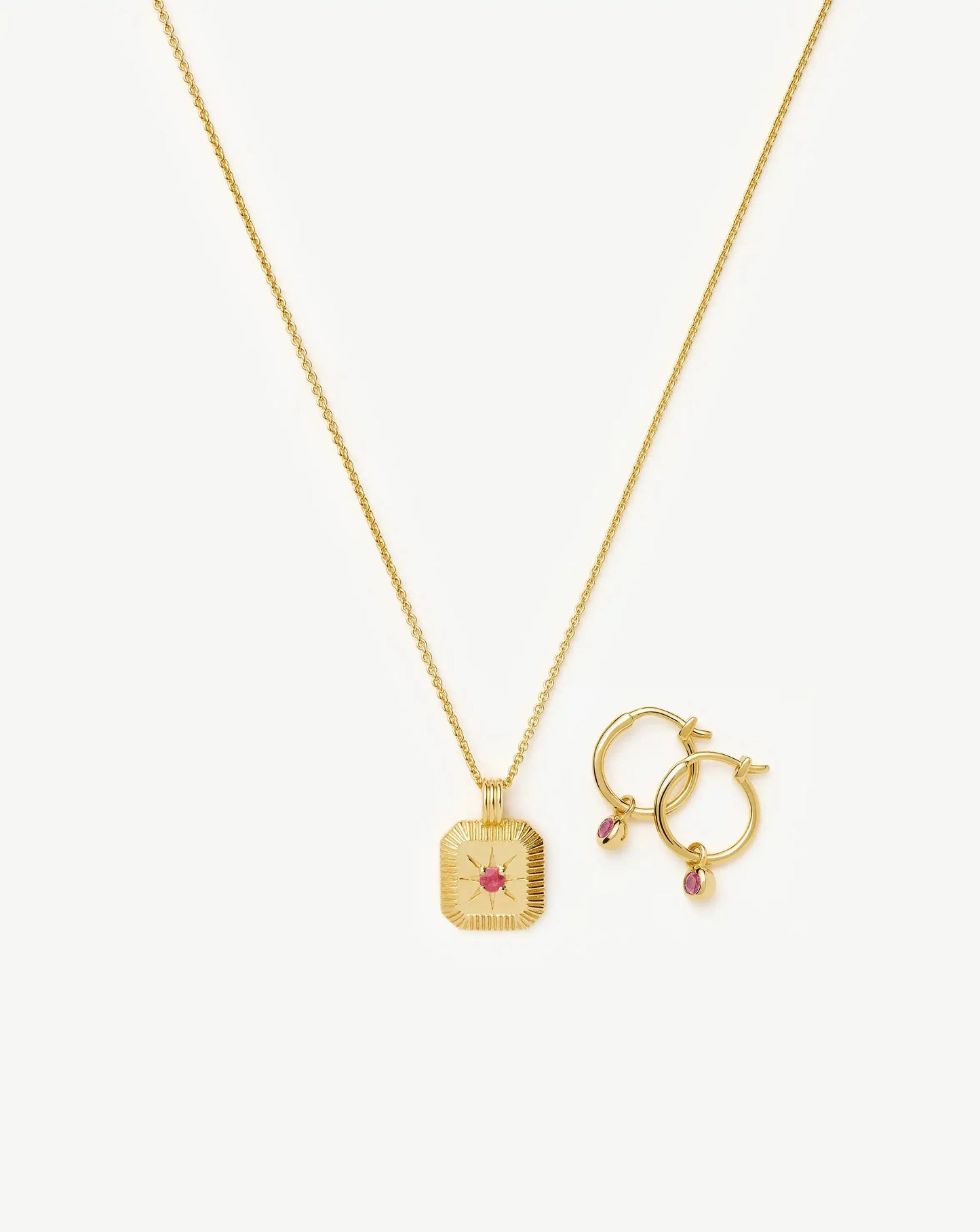 July Birthstone Necklace & Charm Earrings Set | 18k Gold Vermeil/Glass Filled Ruby