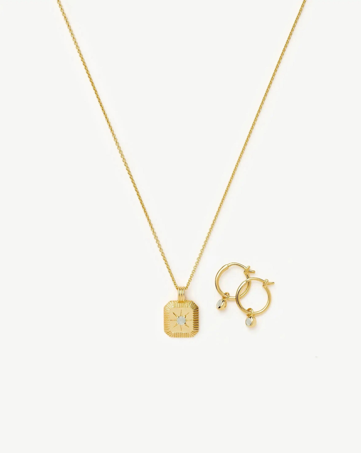 March Birthstone Necklace & Charm Earrings Set | 18k Gold Vermeil/Milky Aquamarine