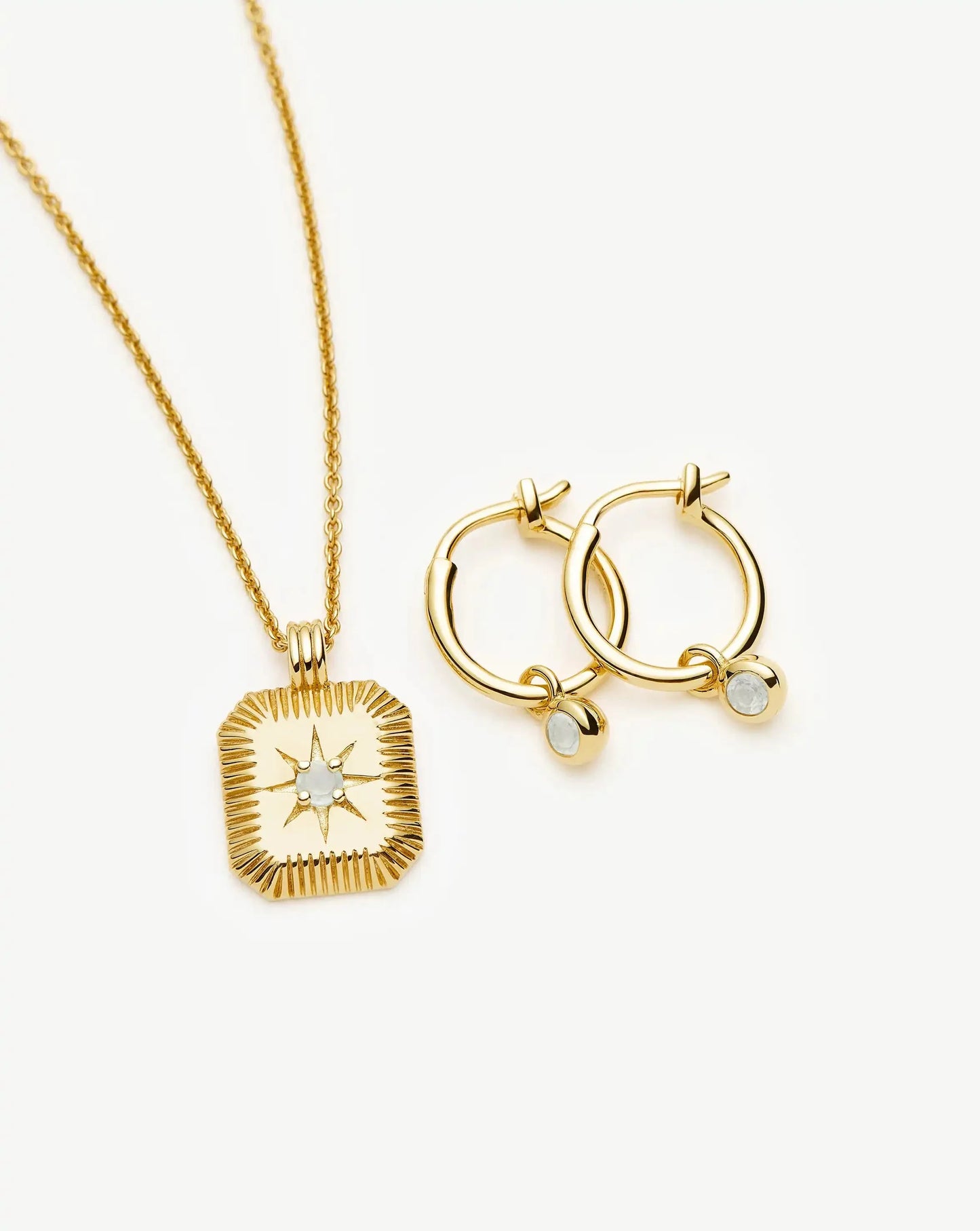 March Birthstone Necklace & Charm Earrings Set | 18k Gold Vermeil/Milky Aquamarine