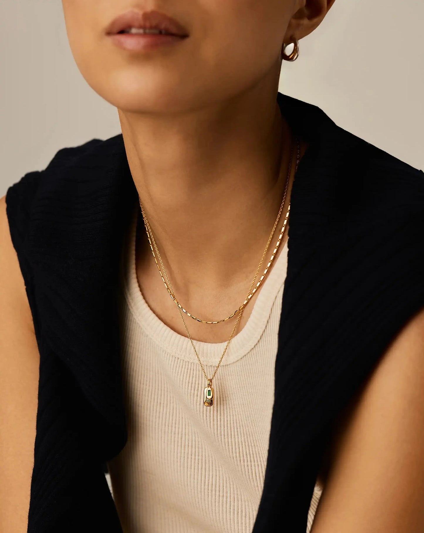Molten Gemstone Bean Pendant Necklace | 18k Gold Plated/Blue and Green Onyx