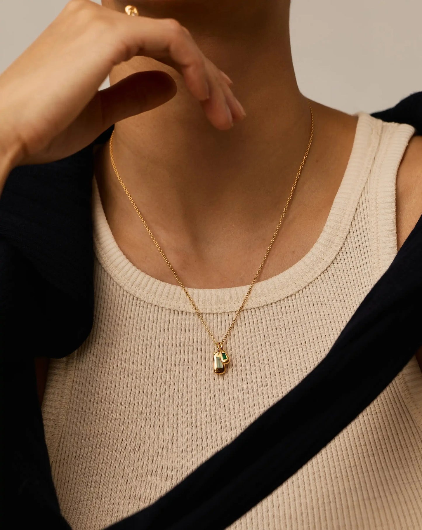 Molten Gemstone Bean Pendant Necklace | 18k Gold Plated/Blue and Green Onyx