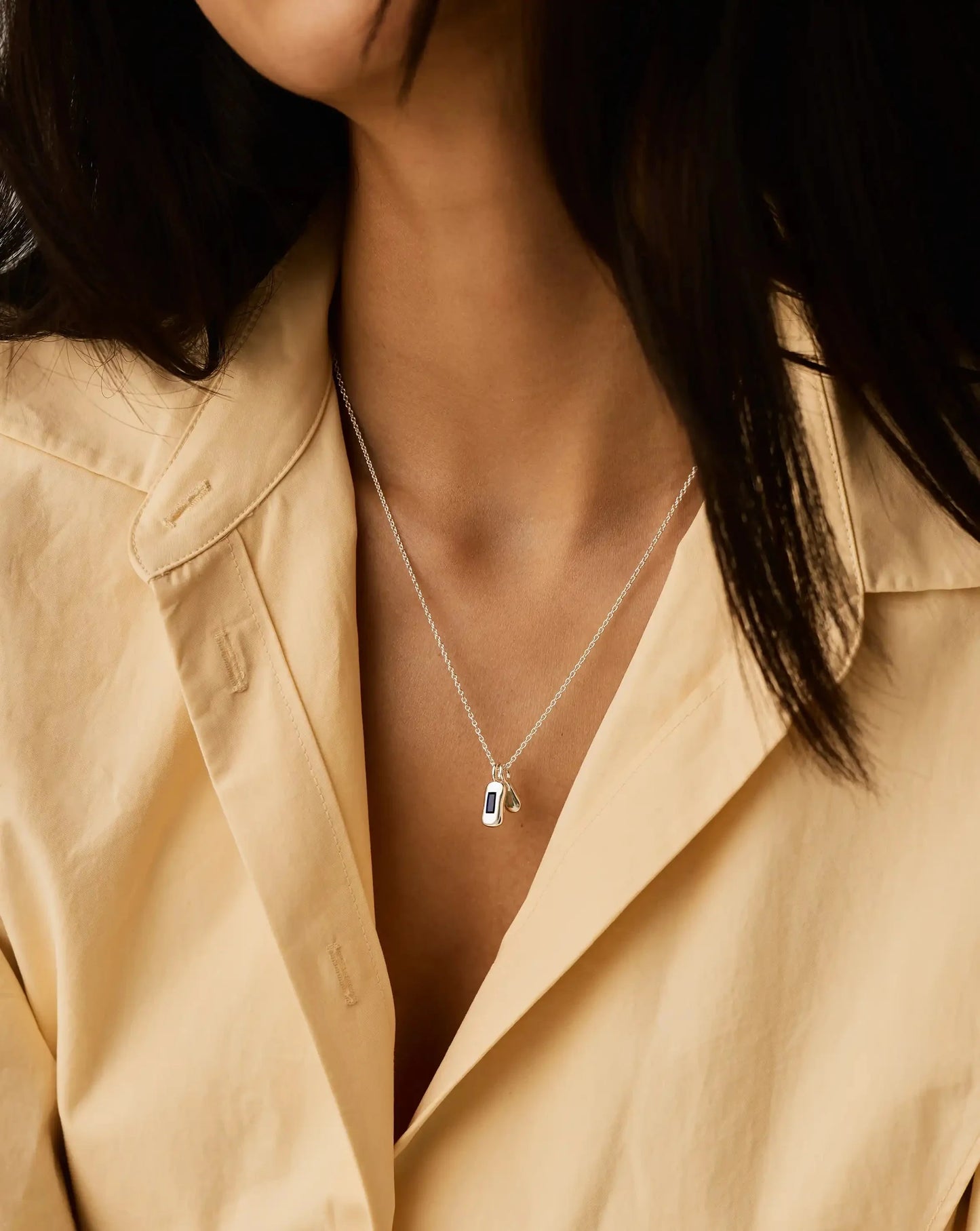 Molten Gemstone Bean Pendant Necklace | Silver Plated/Blue Onyx and Lab Grown Sapphire